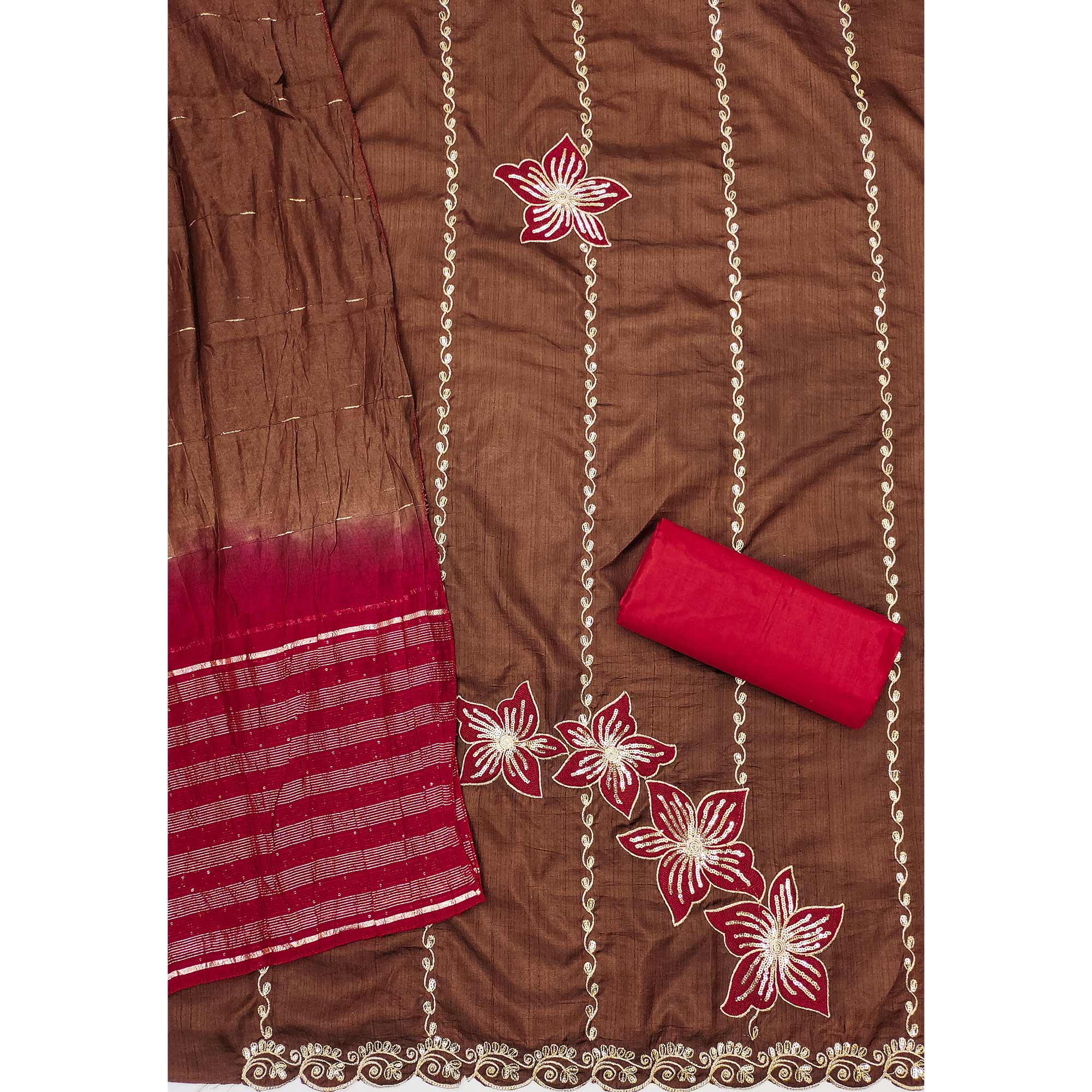 Brown Floral Sequins Embroidered Art Silk Dress Material - Image 4