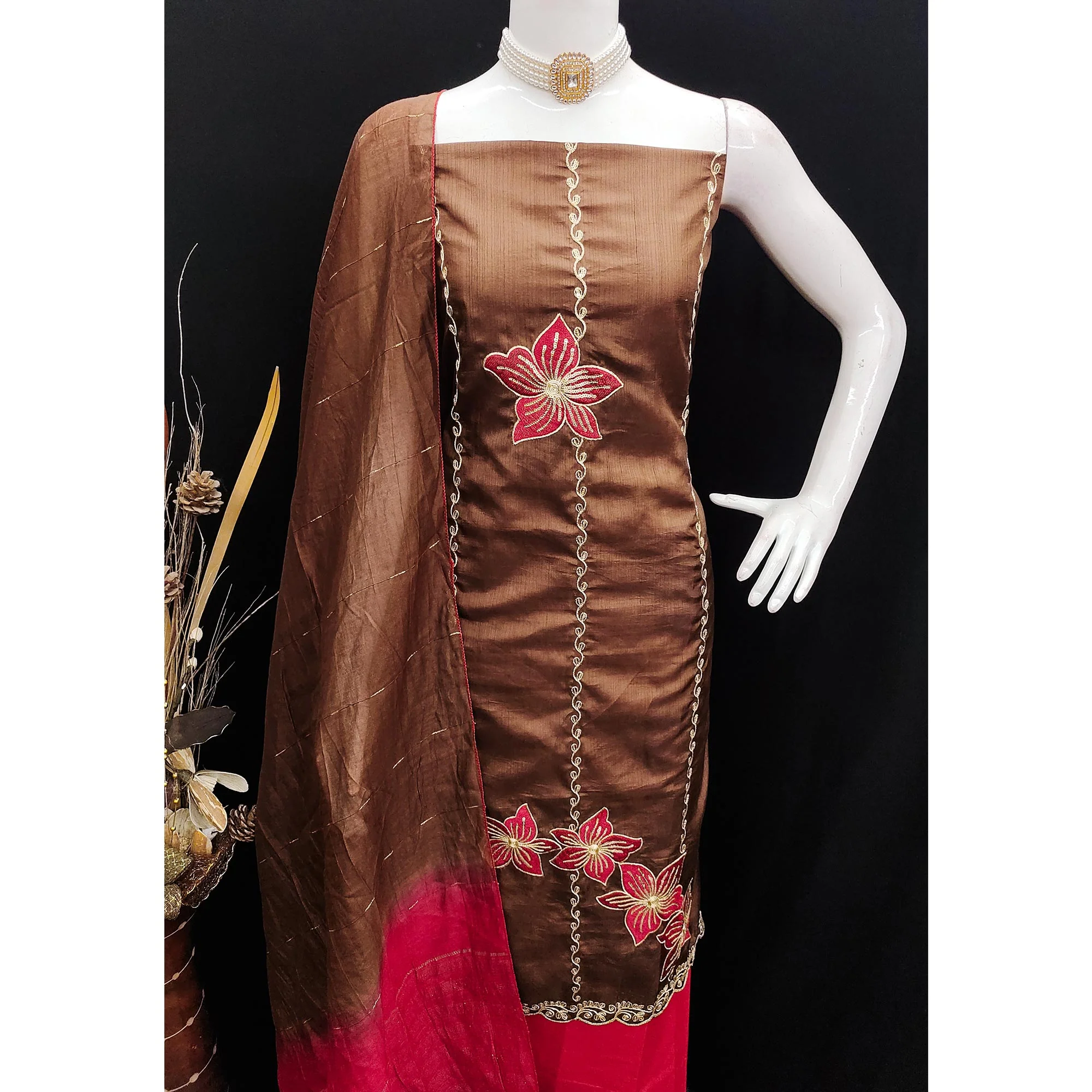 Brown Floral Sequins Embroidered Art Silk Dress Material - Image 5
