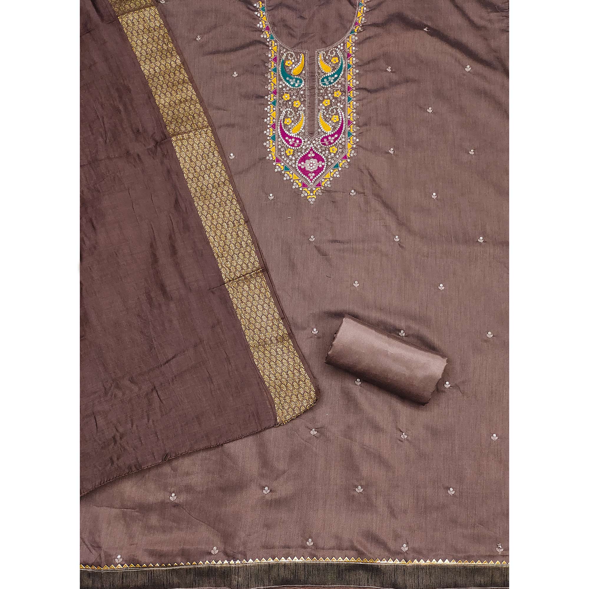 Brown Floral Sequins Embroidered Cotton Silk Dress Material - Image 4