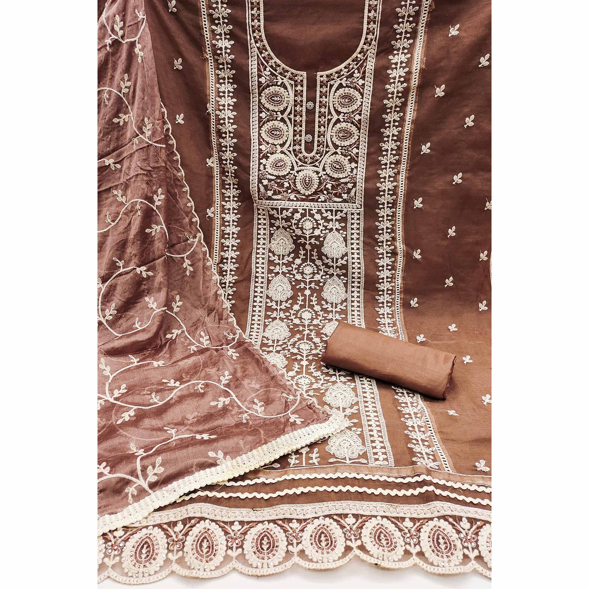 Brown Floral Sequins Embroidered Organza Dress Material - Image 4