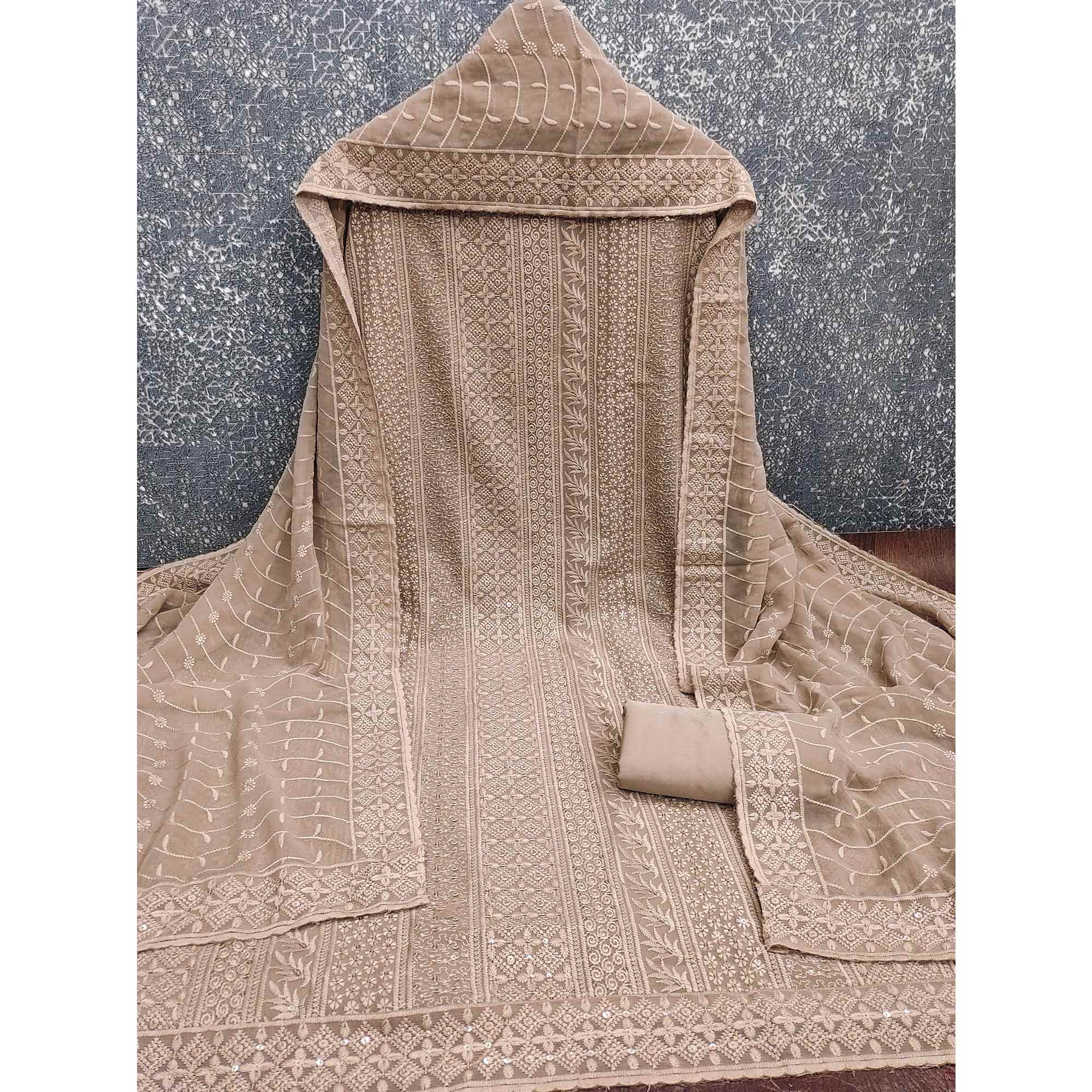 Brown Floral Thread Embroidery With Sequins Highlighted Georgette Dress Material - Image 3