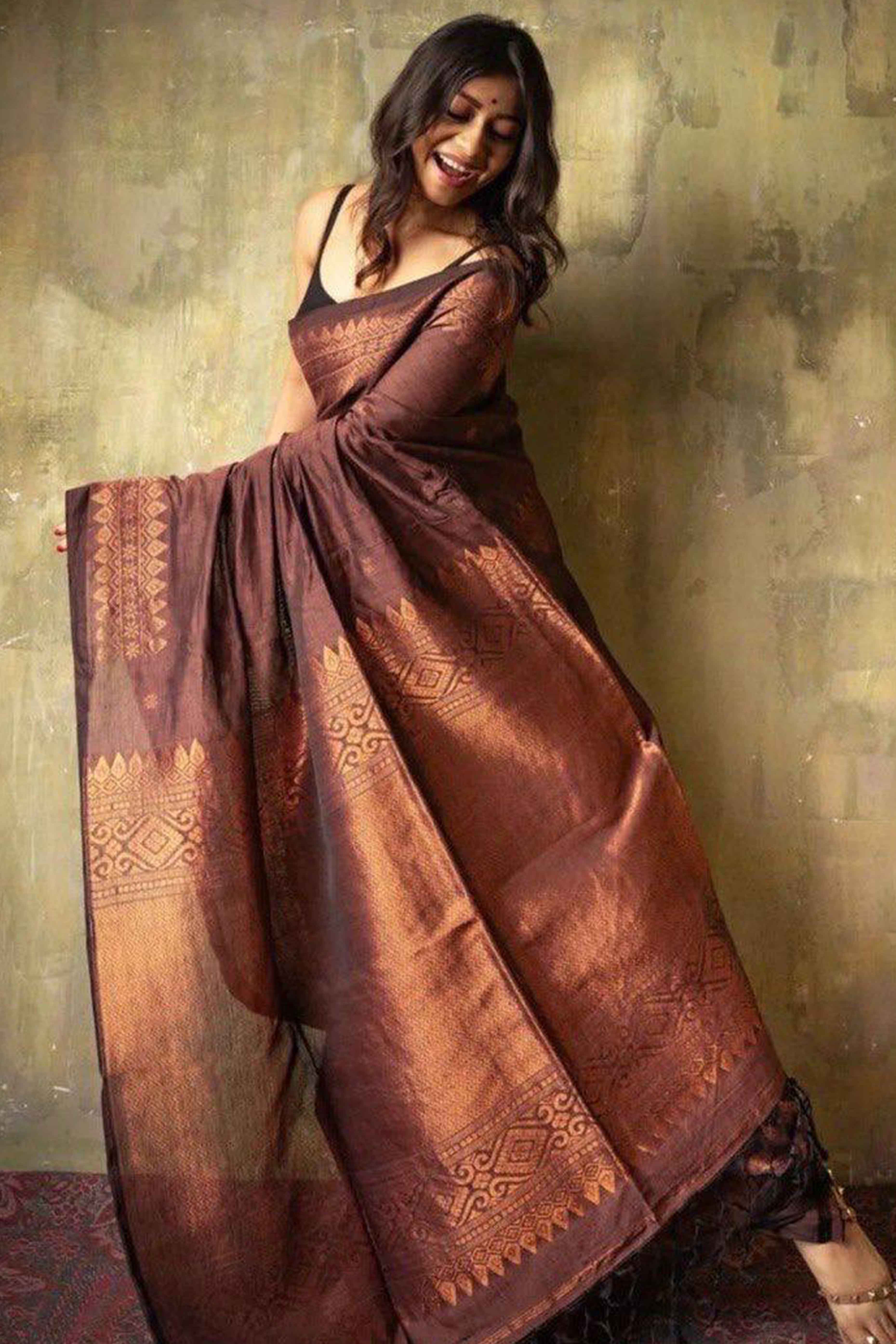 Brown Floral Woven Lichi Banarasi Silk Saree - Image 4