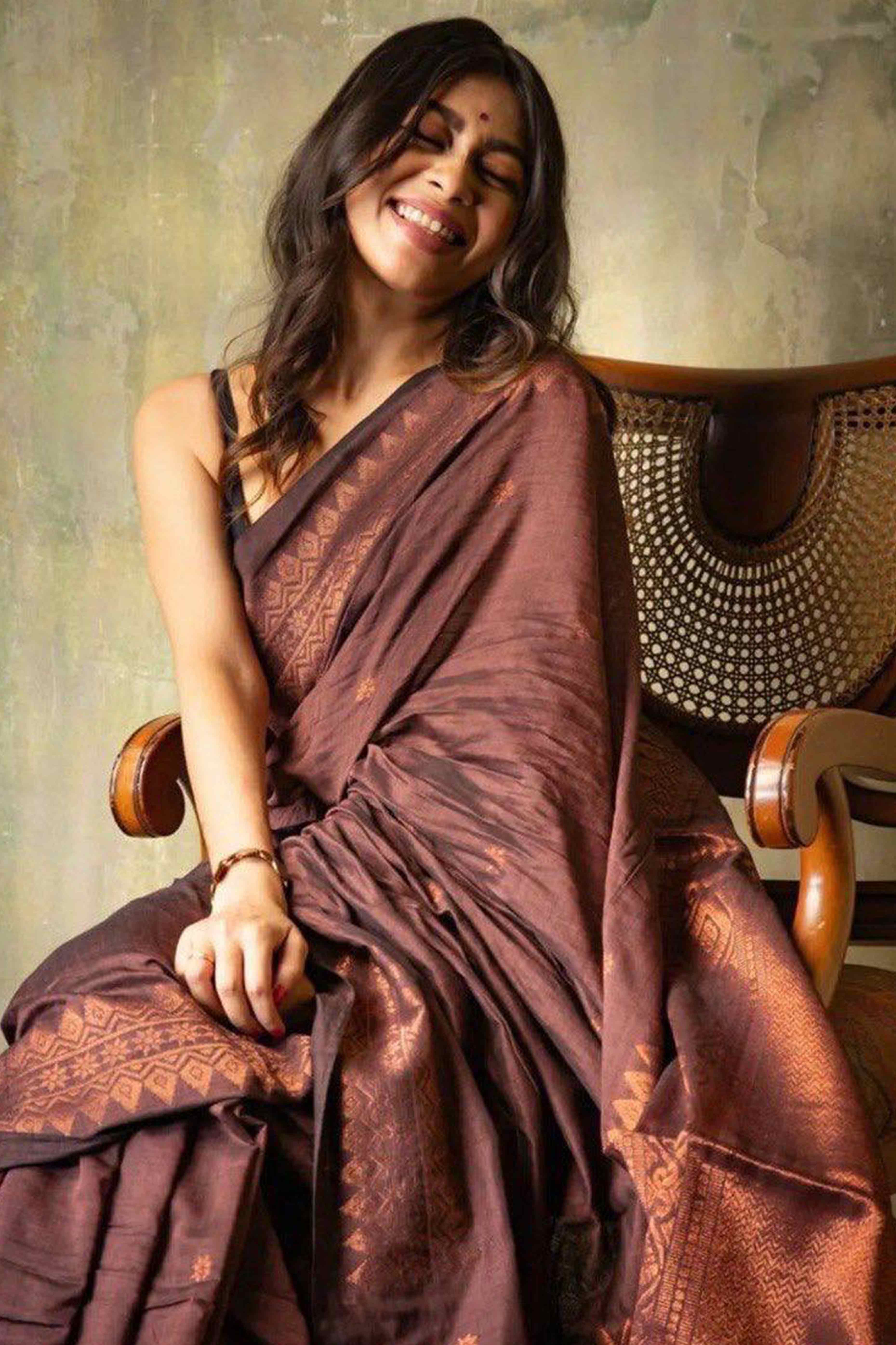 Brown Floral Woven Lichi Banarasi Silk Saree - Image 7