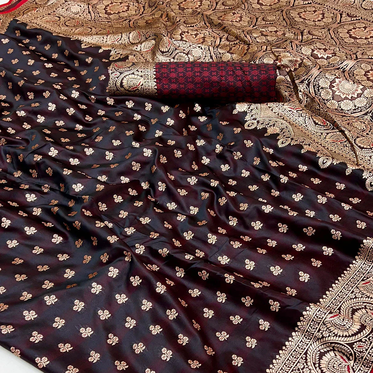 Brown Floral Woven Satin Silk Saree With Zari Border - Image 2