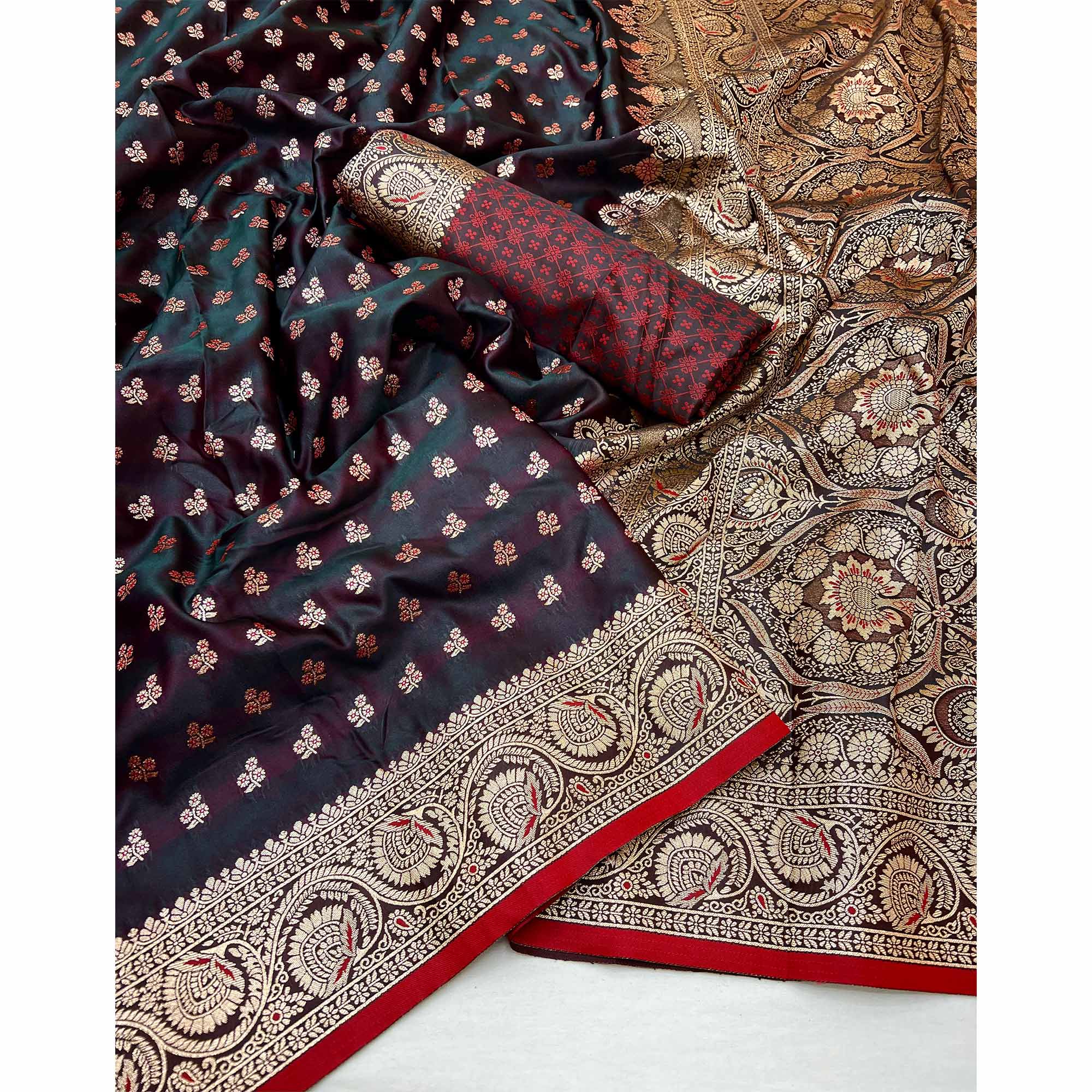 Brown Floral Woven Satin Silk Saree With Zari Border - Image 3