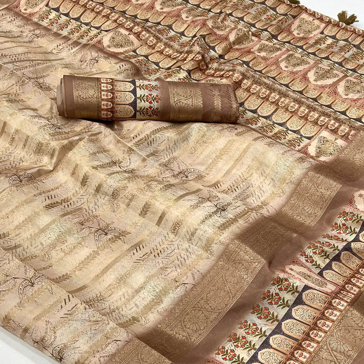 Brown Floral Woven With Digital Printed Art Silk Saree - Image 2