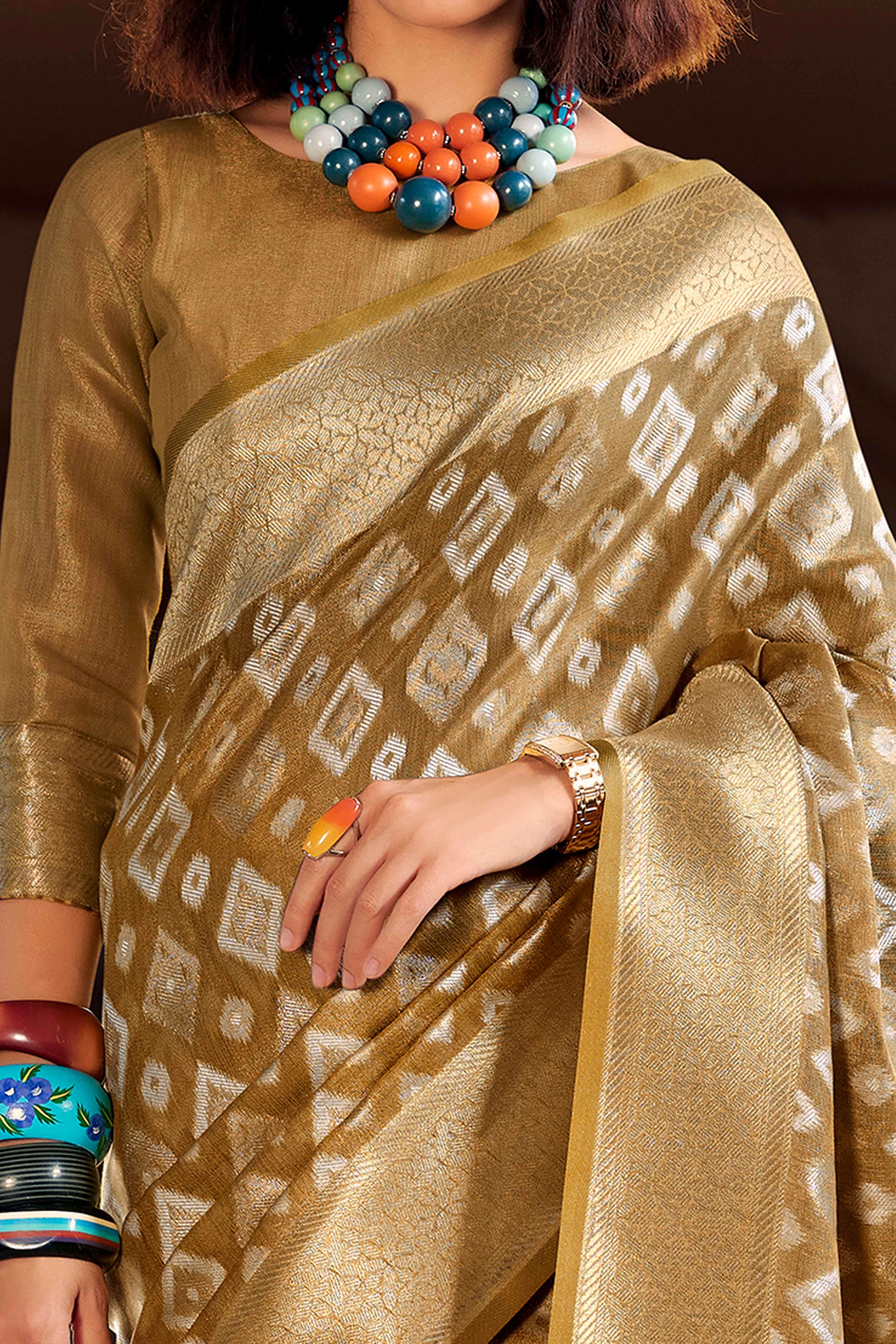 Brown Geometric Pattern Woven Tissue Silk Saree - Image 2