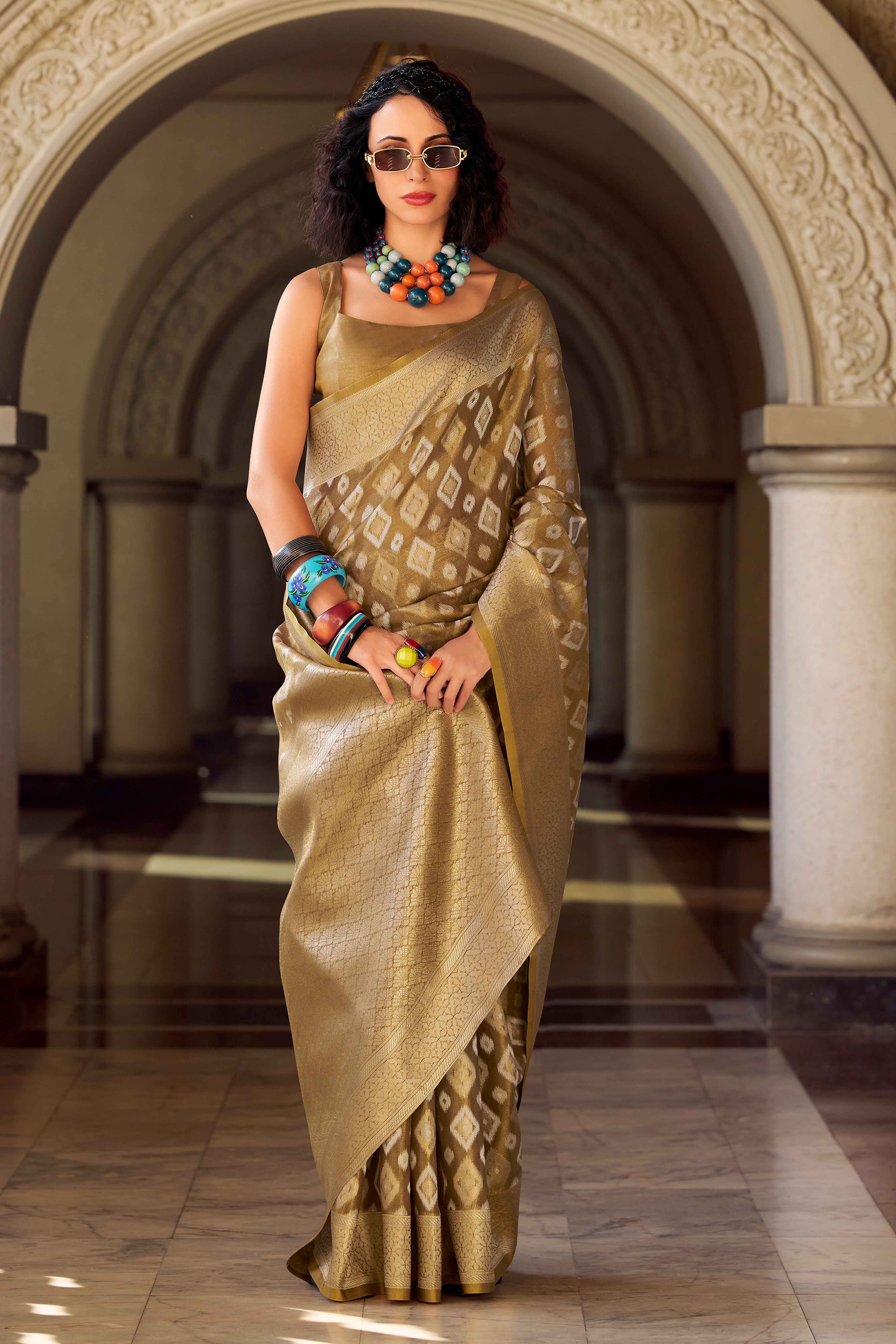 Brown Geometric Pattern Woven Tissue Silk Saree - Image 3