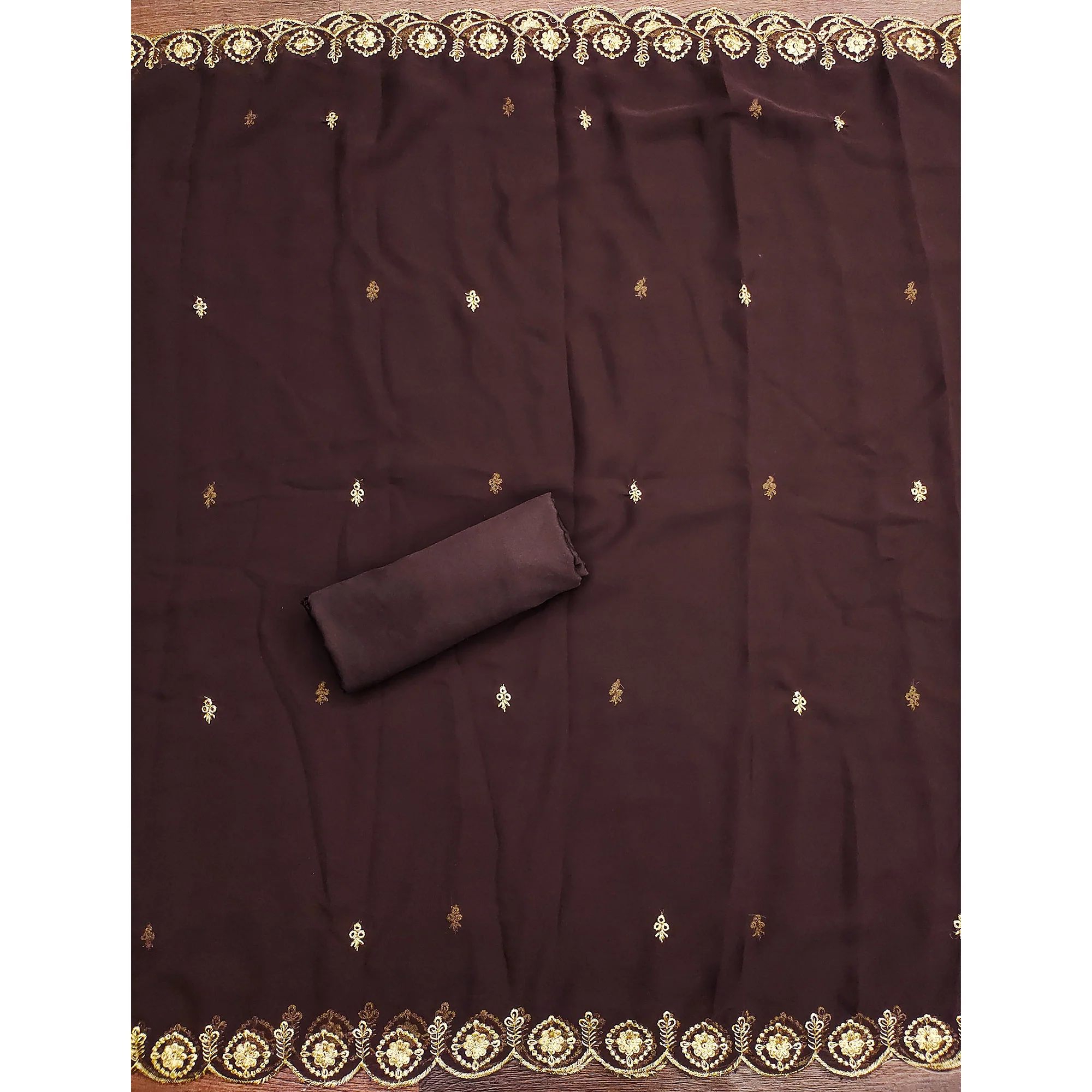 Brown Georgette Dress Material Accented With Delicate Floral Embroidery - Image 5