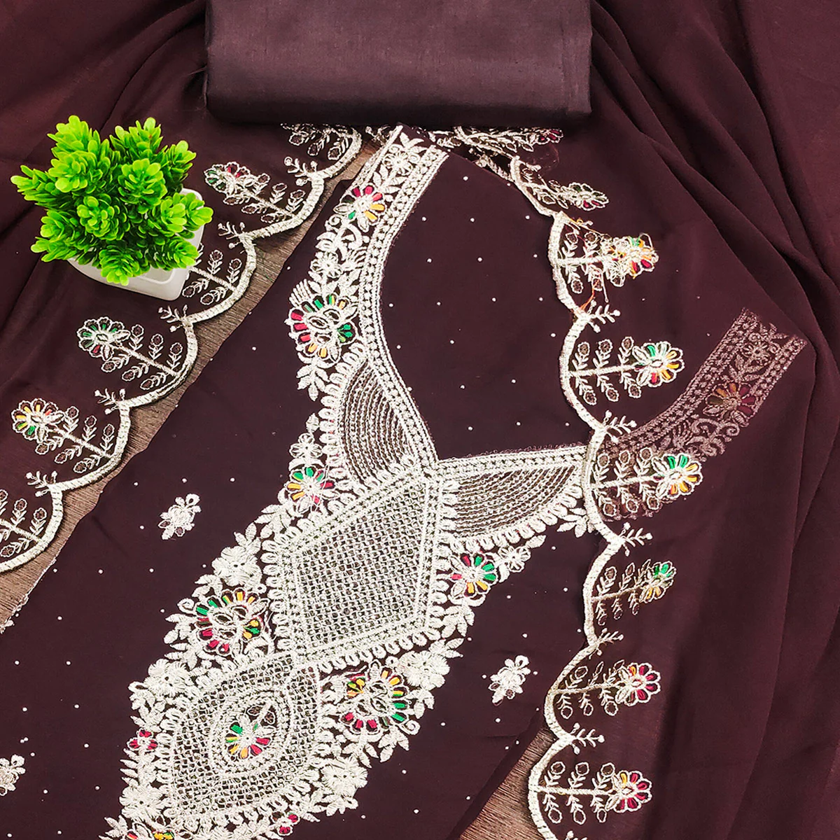 Brown Georgette Dress Material Adorned With Elegant Floral Embroidery & Shimmering Swarovski Work - Image 2