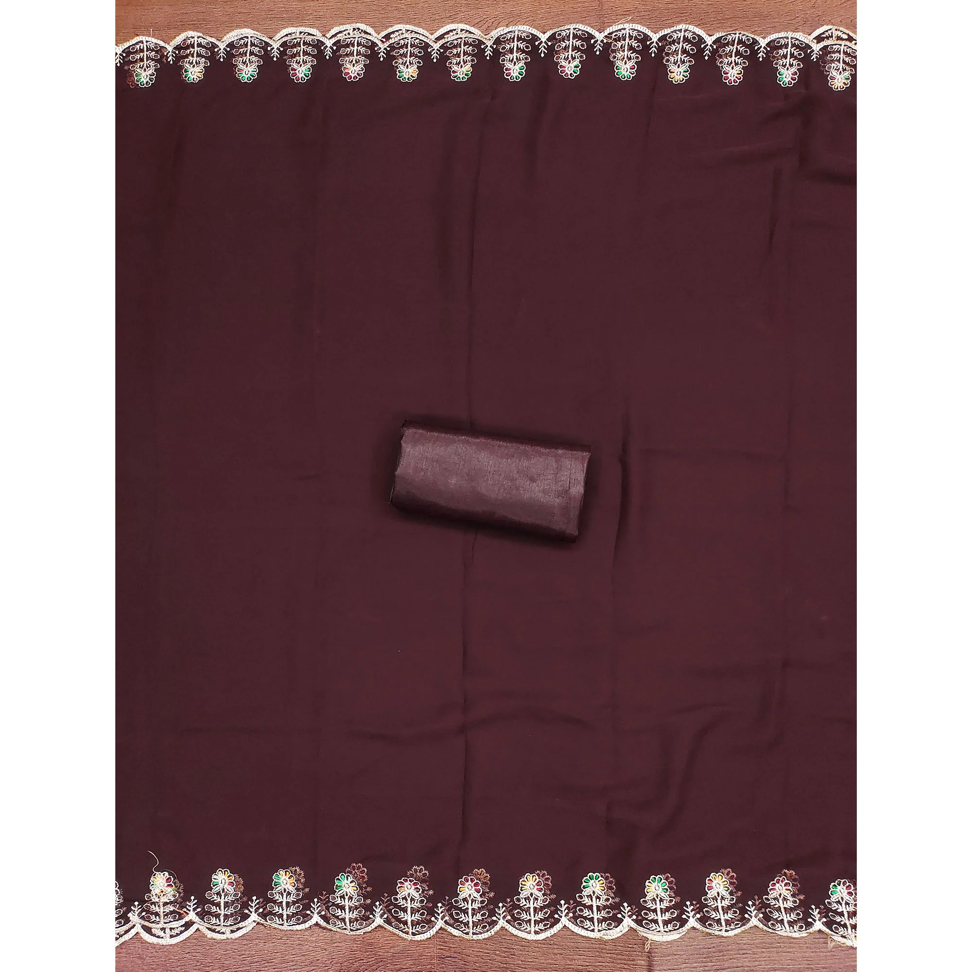 Brown Georgette Dress Material Adorned With Elegant Floral Embroidery & Shimmering Swarovski Work - Image 5