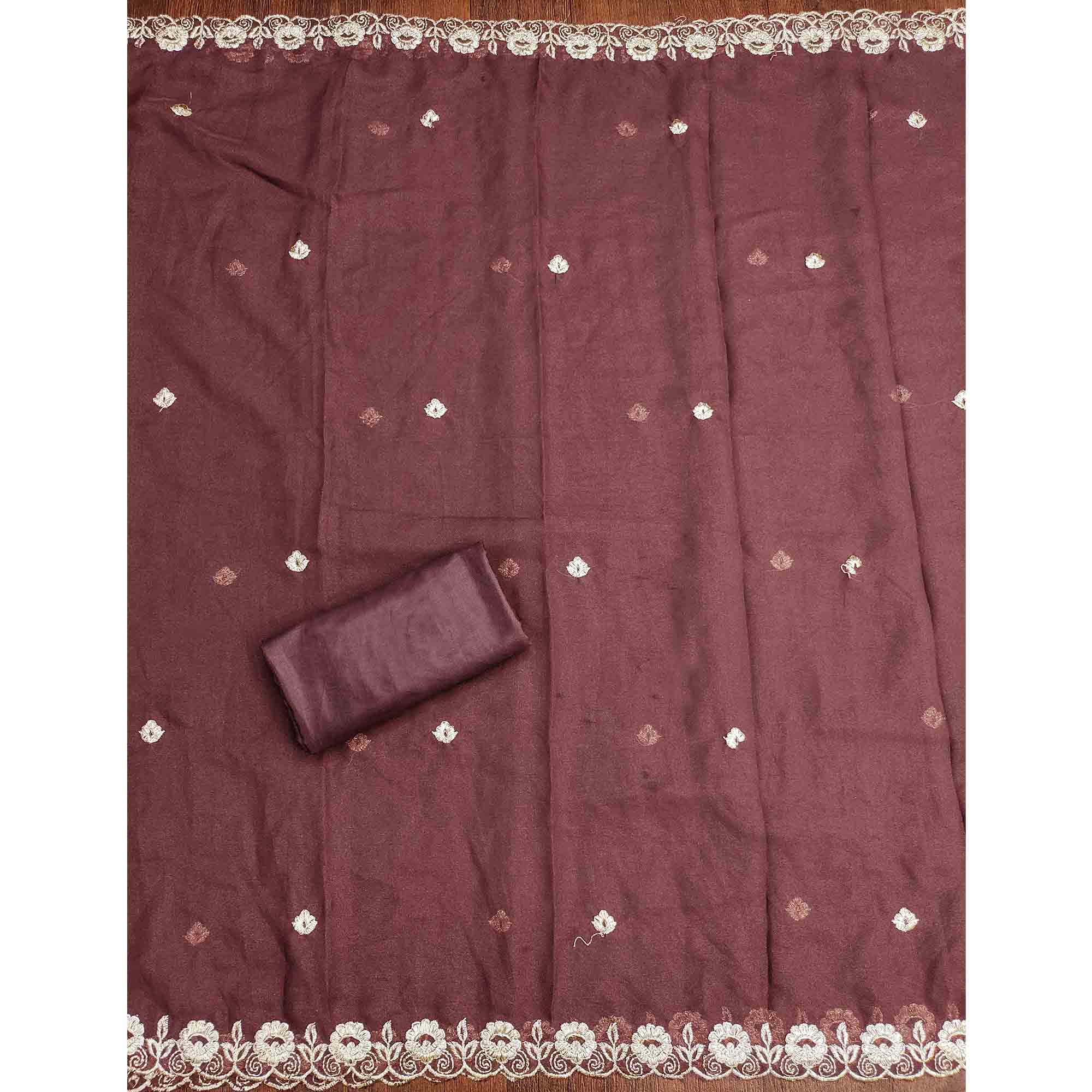 Brown Georgette Dress Material Decorated with Artistic Thread Embroidery Designs - Image 5