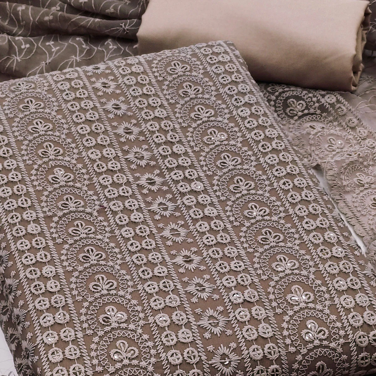 Brown Georgette Dress Material With Intricate Floral Thread & Sparkling Sequins Work - Image 2