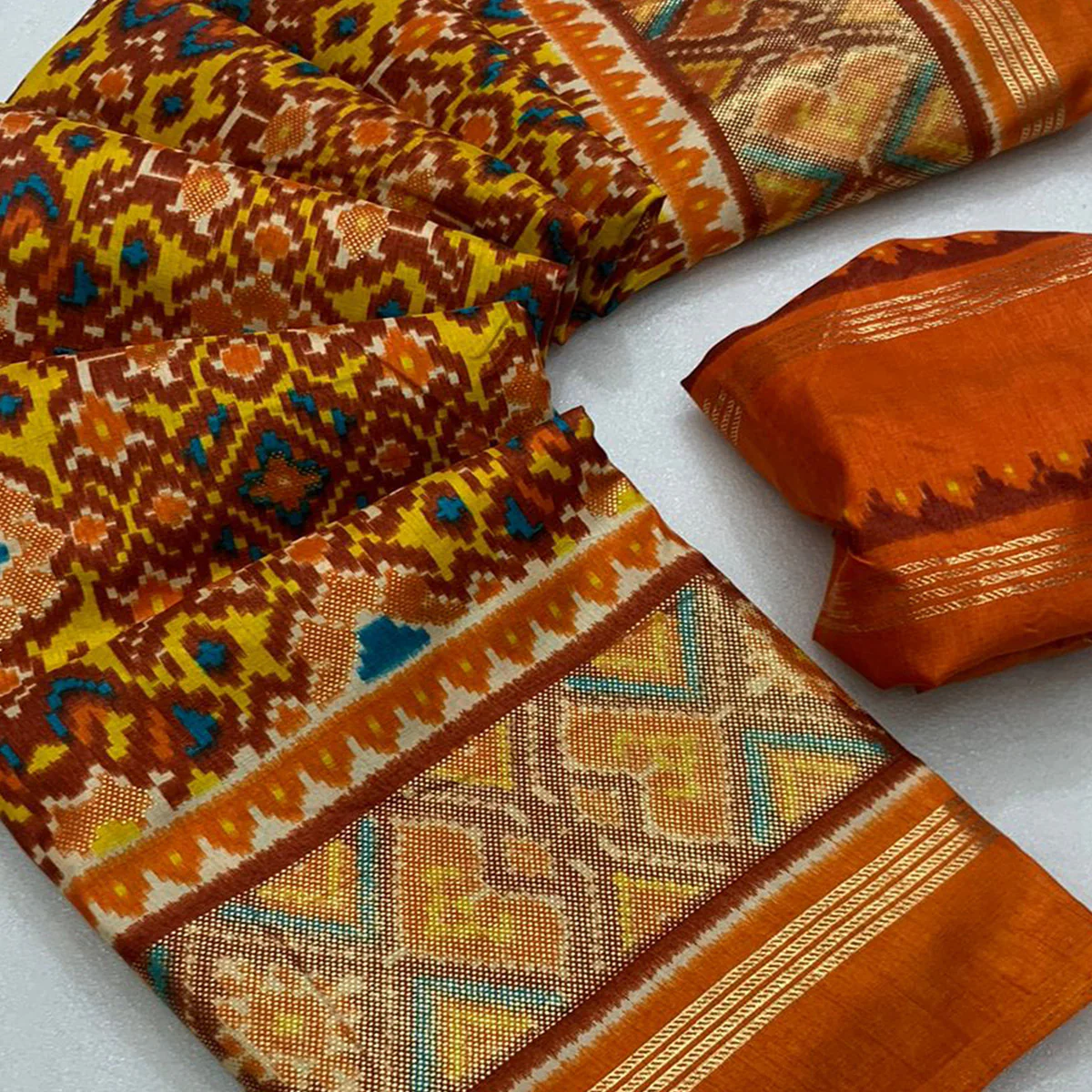 Brown Ikkat Foil Printed Dola Silk Saree - Image 2