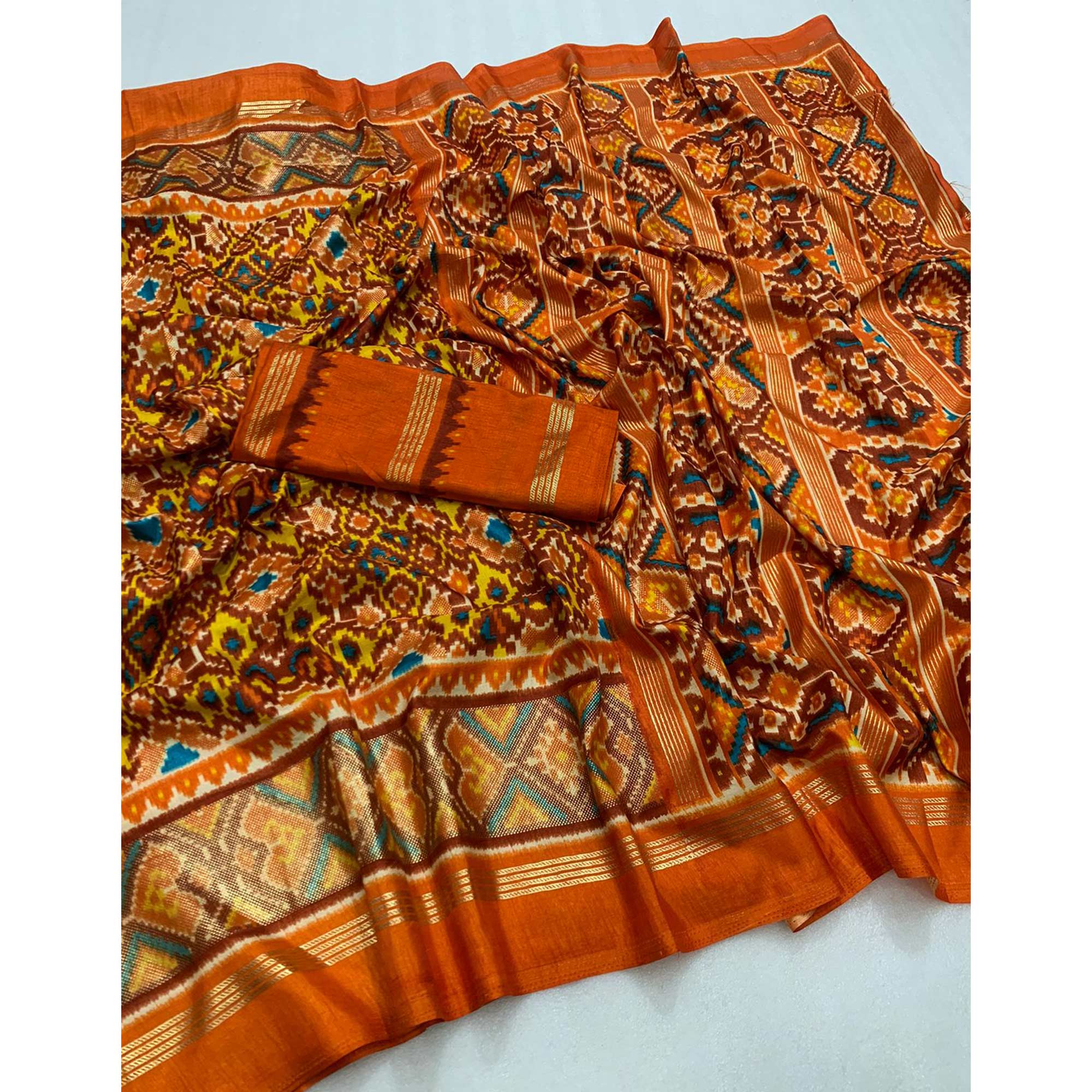 Brown Ikkat Foil Printed Dola Silk Saree - Image 3