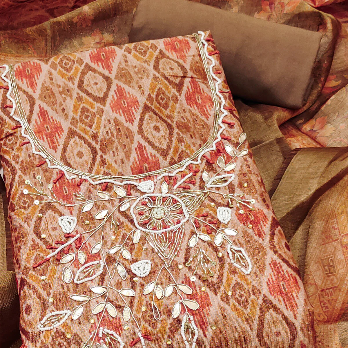 Brown Ikkat Printed Shimmer Cotton Silk Unstitched Dress Material with Elegant Beads Work - Image 2