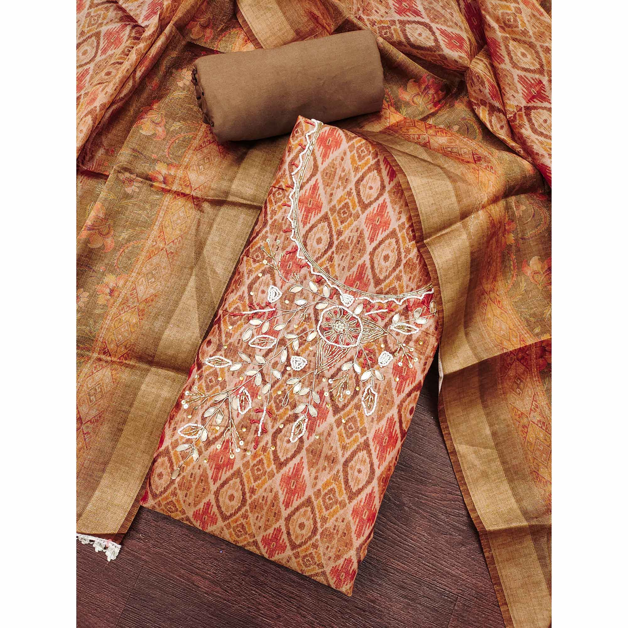 Brown Ikkat Printed Shimmer Cotton Silk Unstitched Dress Material with Elegant Beads Work - Image 3