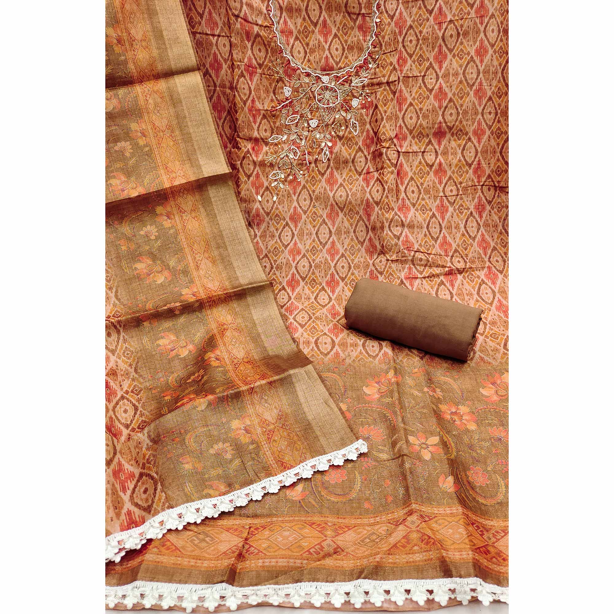 Brown Ikkat Printed Shimmer Cotton Silk Unstitched Dress Material with Elegant Beads Work - Image 4
