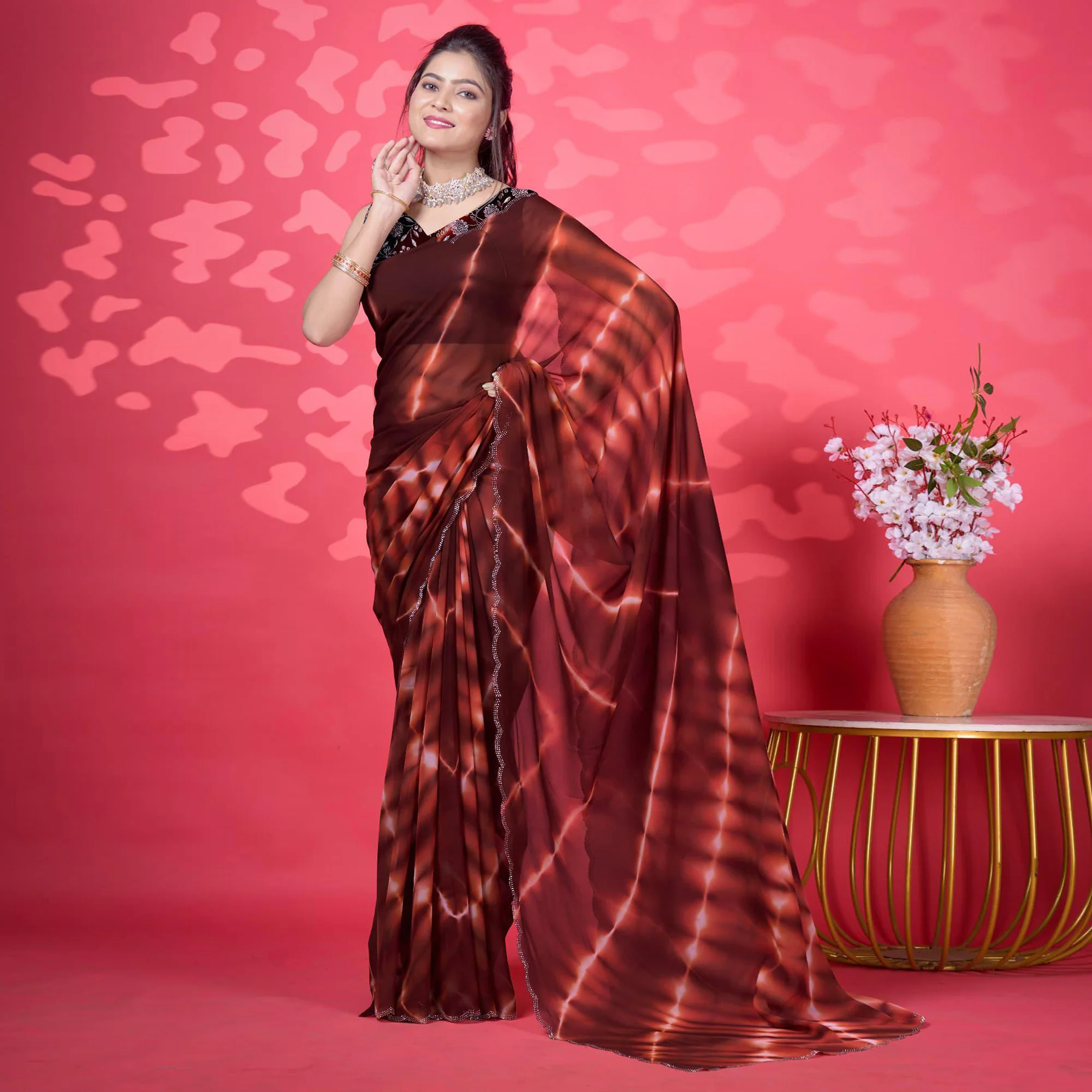 Brown Leheriya Printed Georgette Saree - Image 2