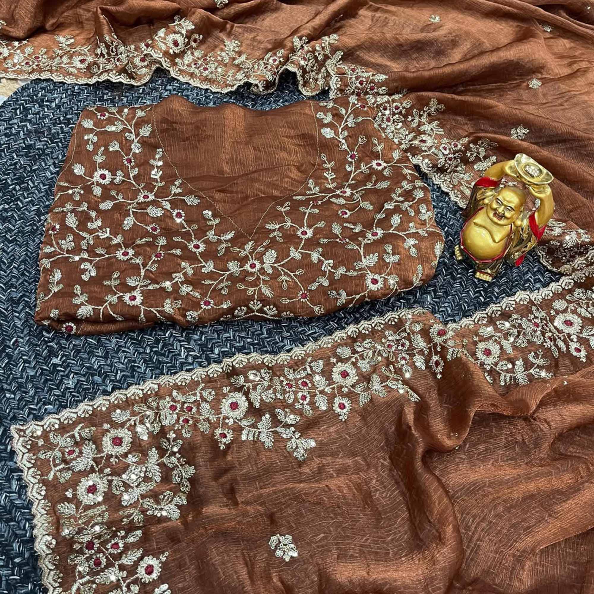 Brown Lightweight Chiffon Saree with Glamorous Sequins Detailing - Image 4