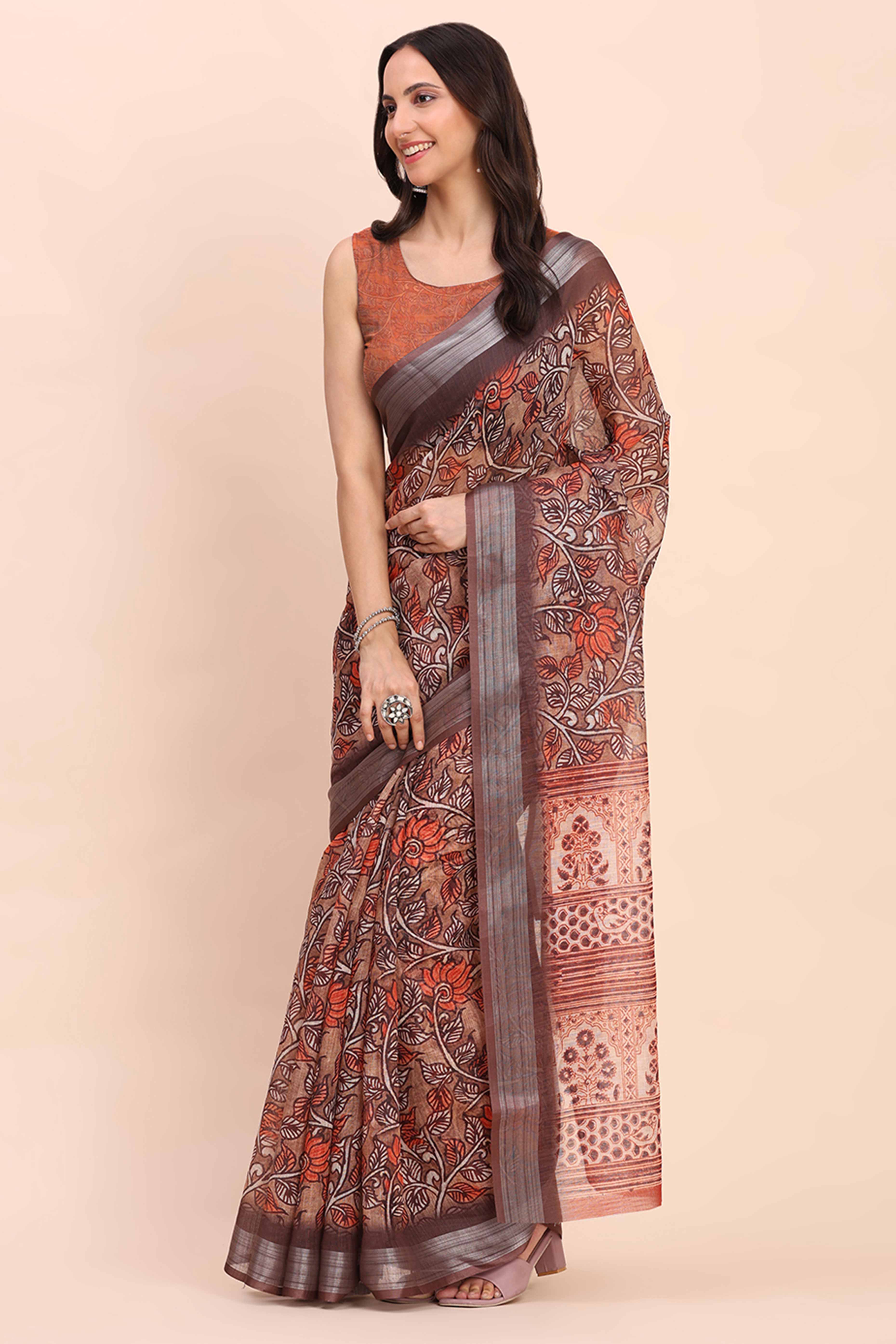 Brown Linen Cotton Saree Featuring Floral Prints & Woven Border - Image 3