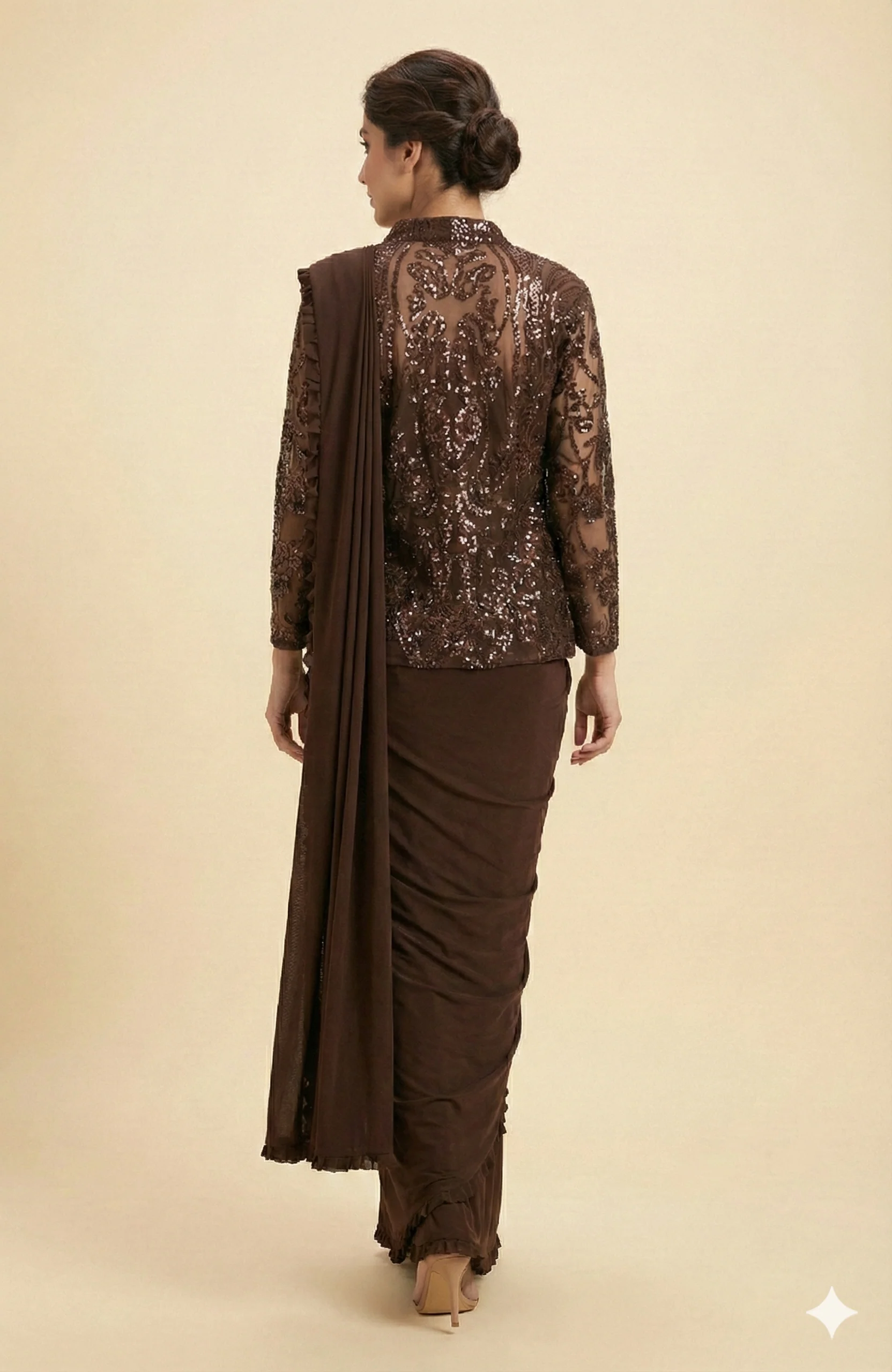 Brown Lycra Pre-Stitched Saree with Designer Sequin Jacket - Image 3