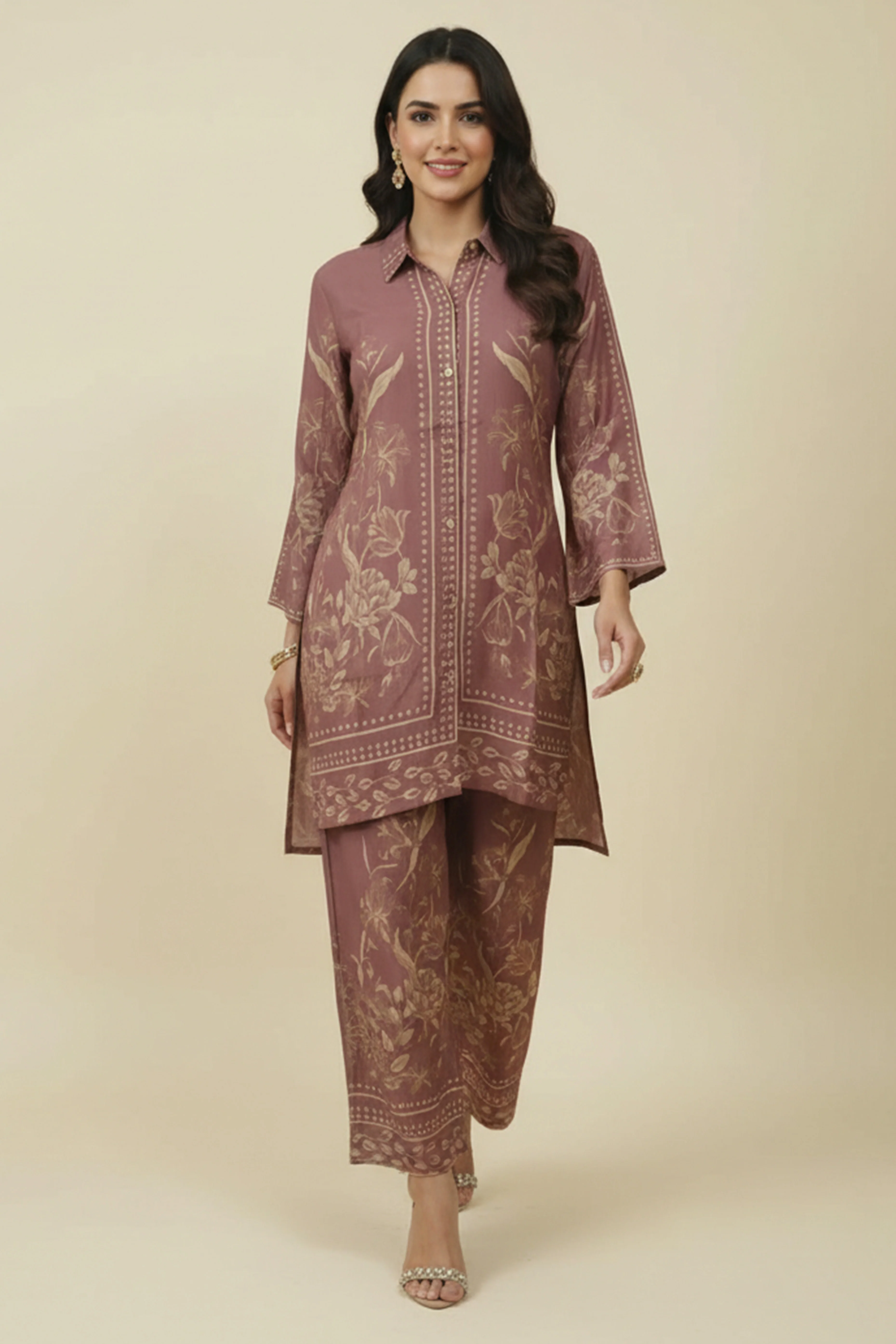 Brown Muslin Co-ord Set Featuring Floral Prints with Shirt Style Top and Matching Bottoms