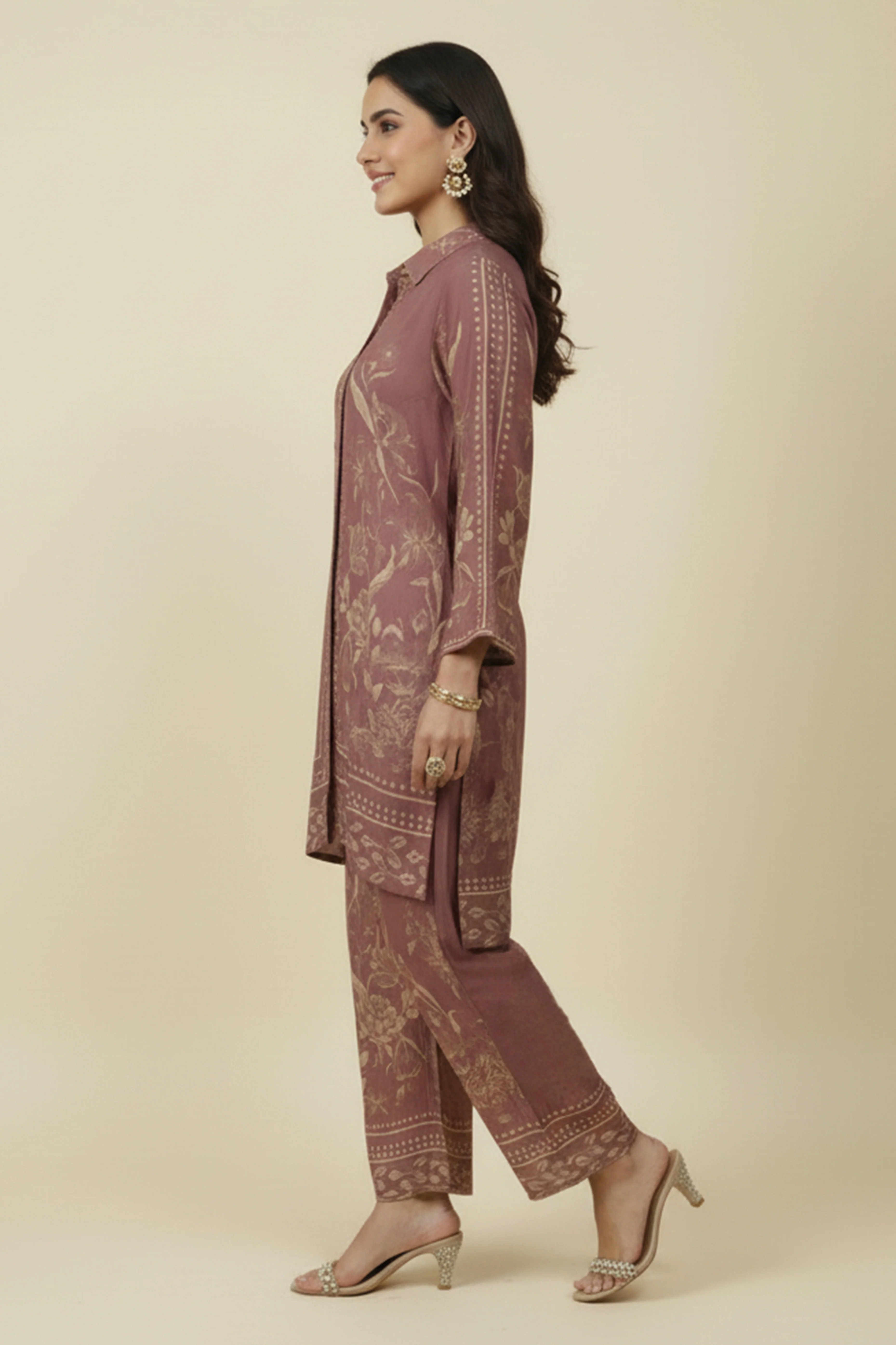 Brown Muslin Co-ord Set Featuring Floral Prints with Shirt Style Top and Matching Bottoms - Image 4