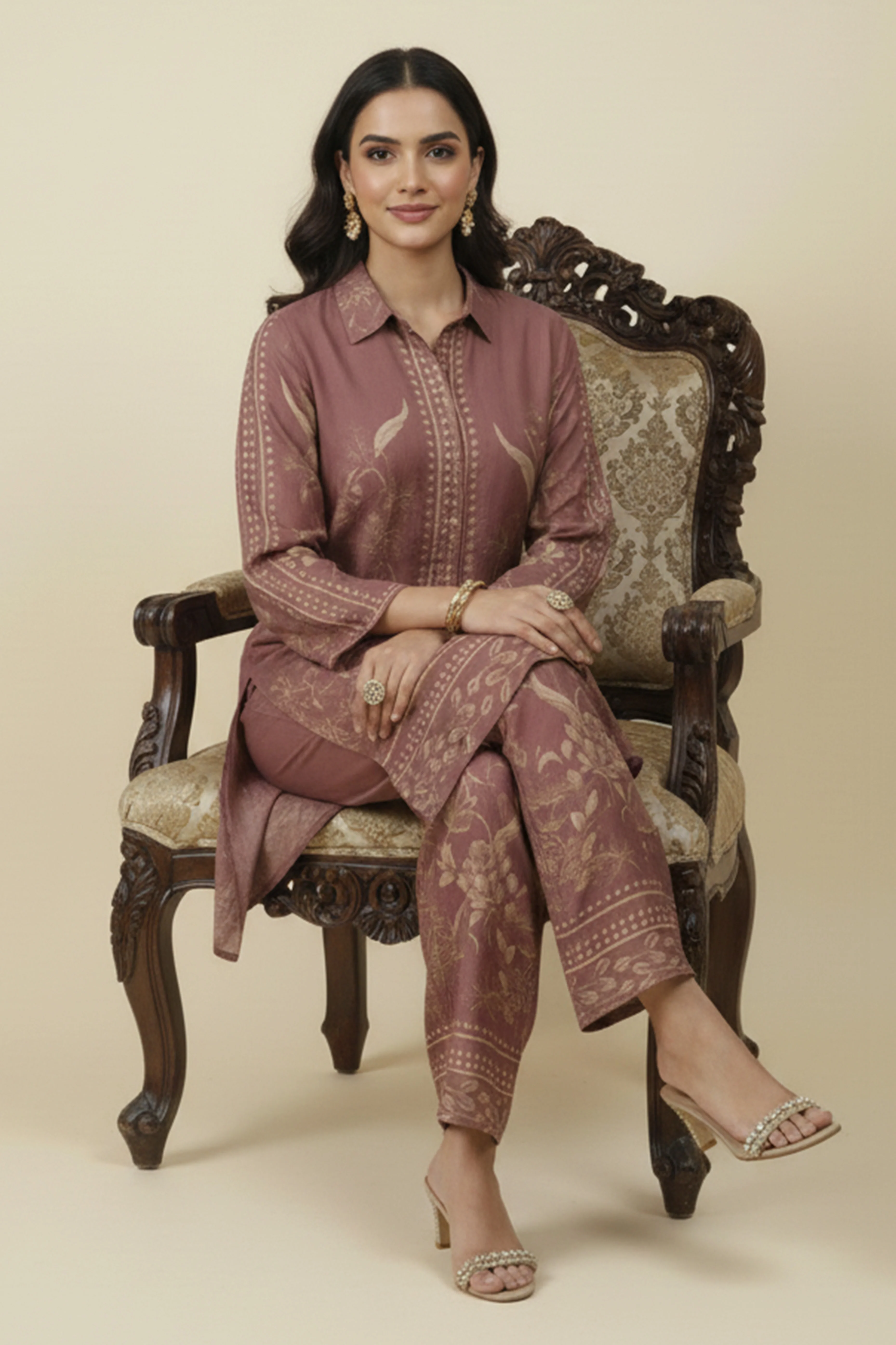 Brown Muslin Co-ord Set Featuring Floral Prints with Shirt Style Top and Matching Bottoms - Image 5