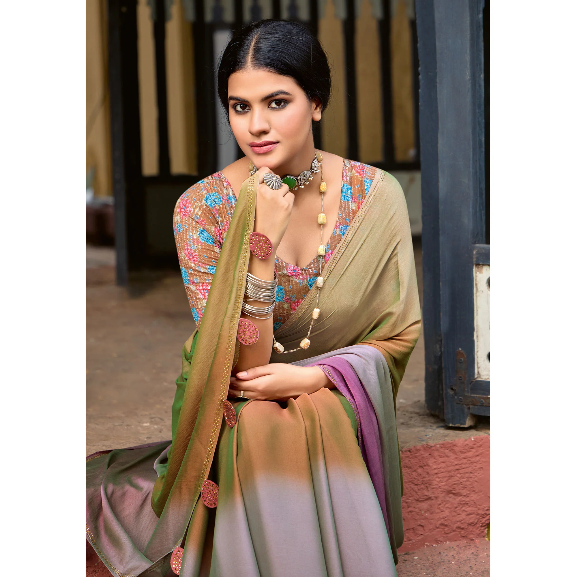 Brown Ombre Print Chiffon Sarees - Image 3
