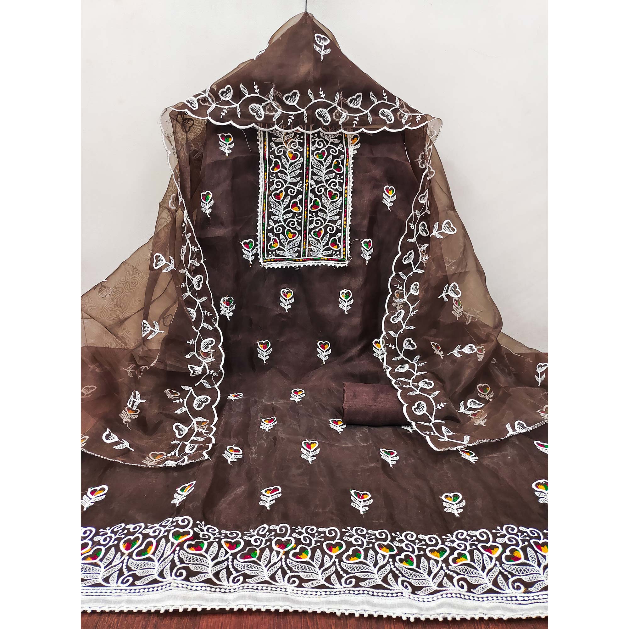 Brown Organza Dress Material With Intricate Floral Embroidery Work - Image 4