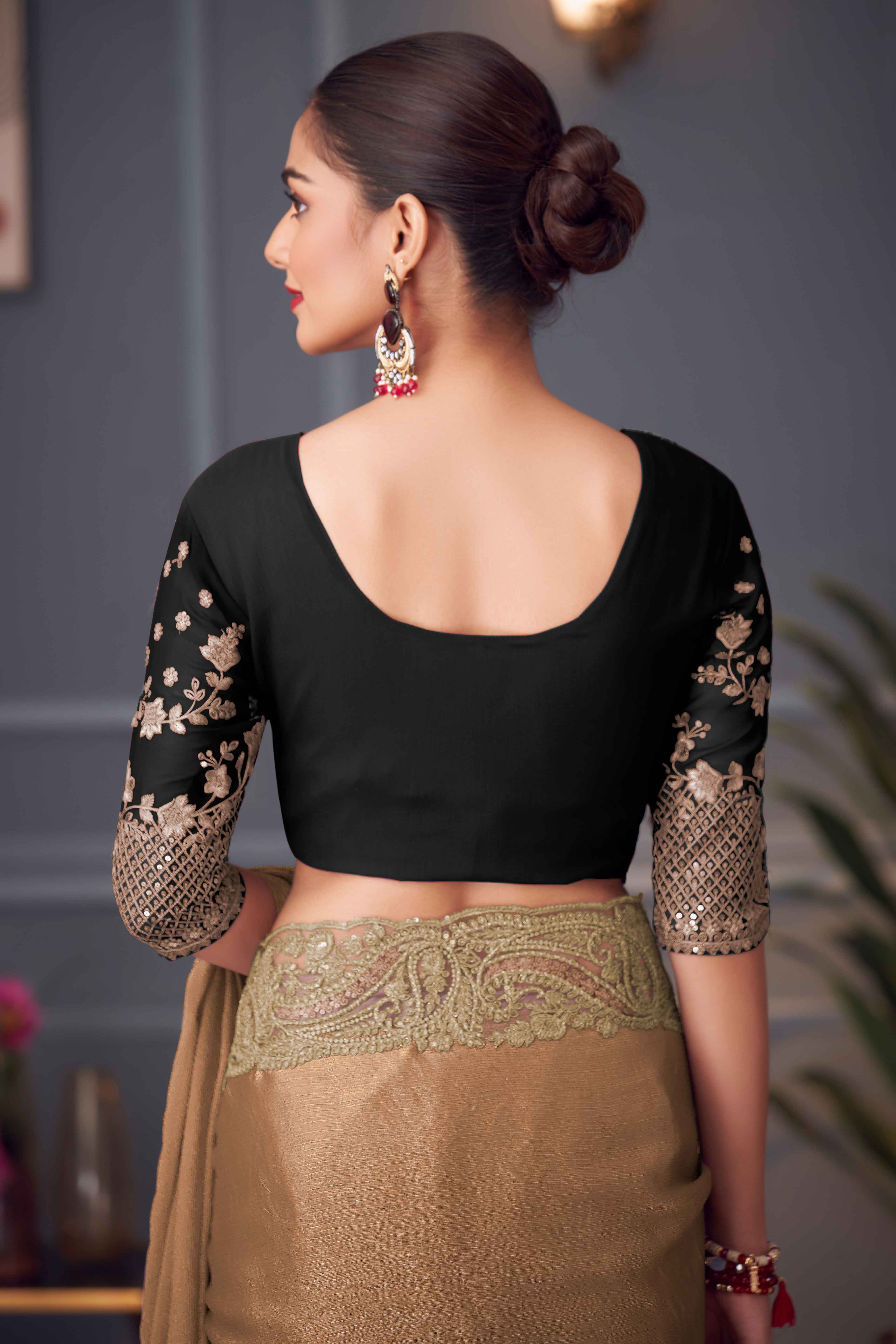 Brown Partywear Chiffon Saree with Ornate Border Detailing - Image 5
