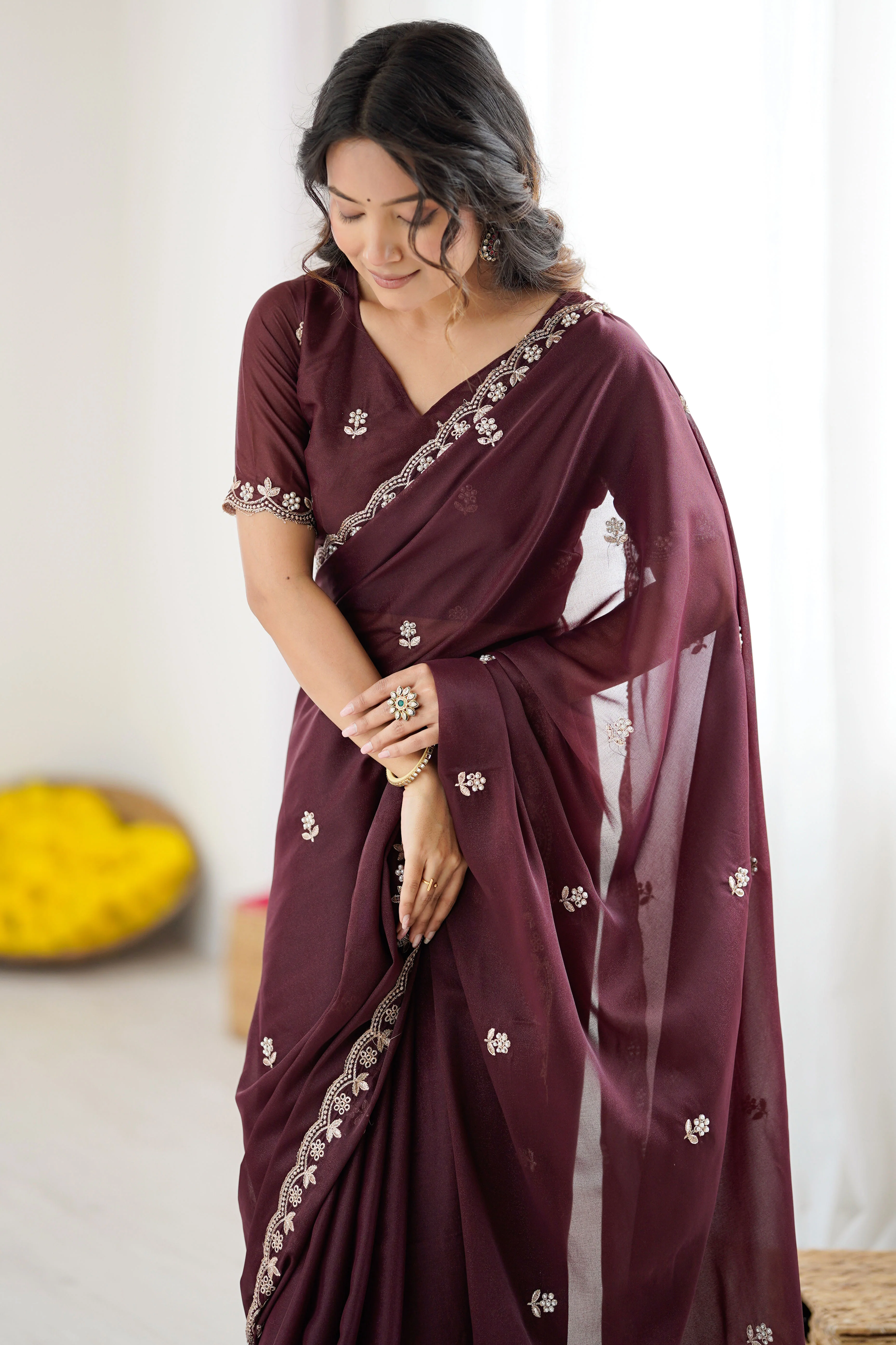 Brown Partywear Star Georgette Saree Adorned with Floral Embroidery and Beads Work - Image 7