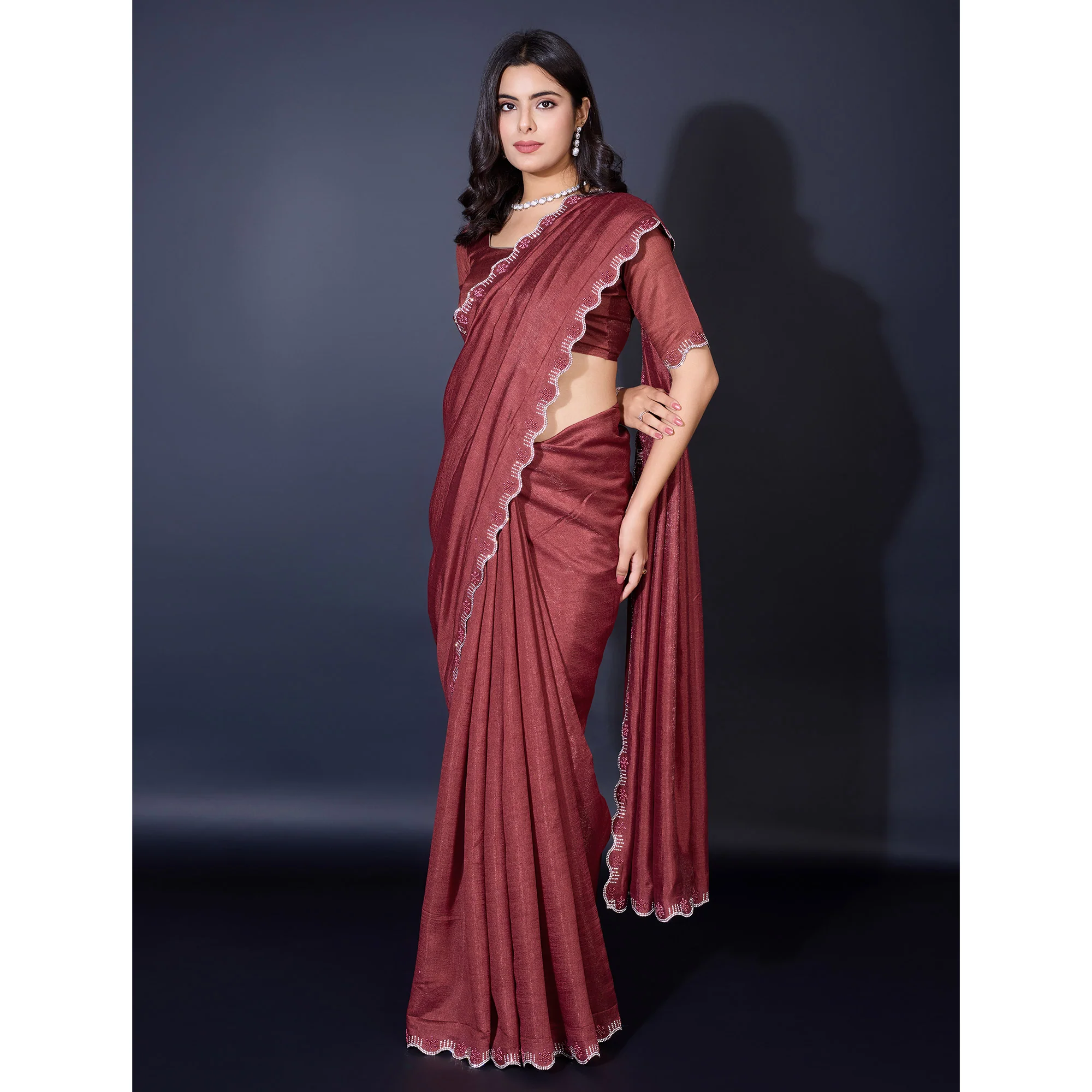 Brown Pearl Work Embroidered Khaadi Saree - Image 5