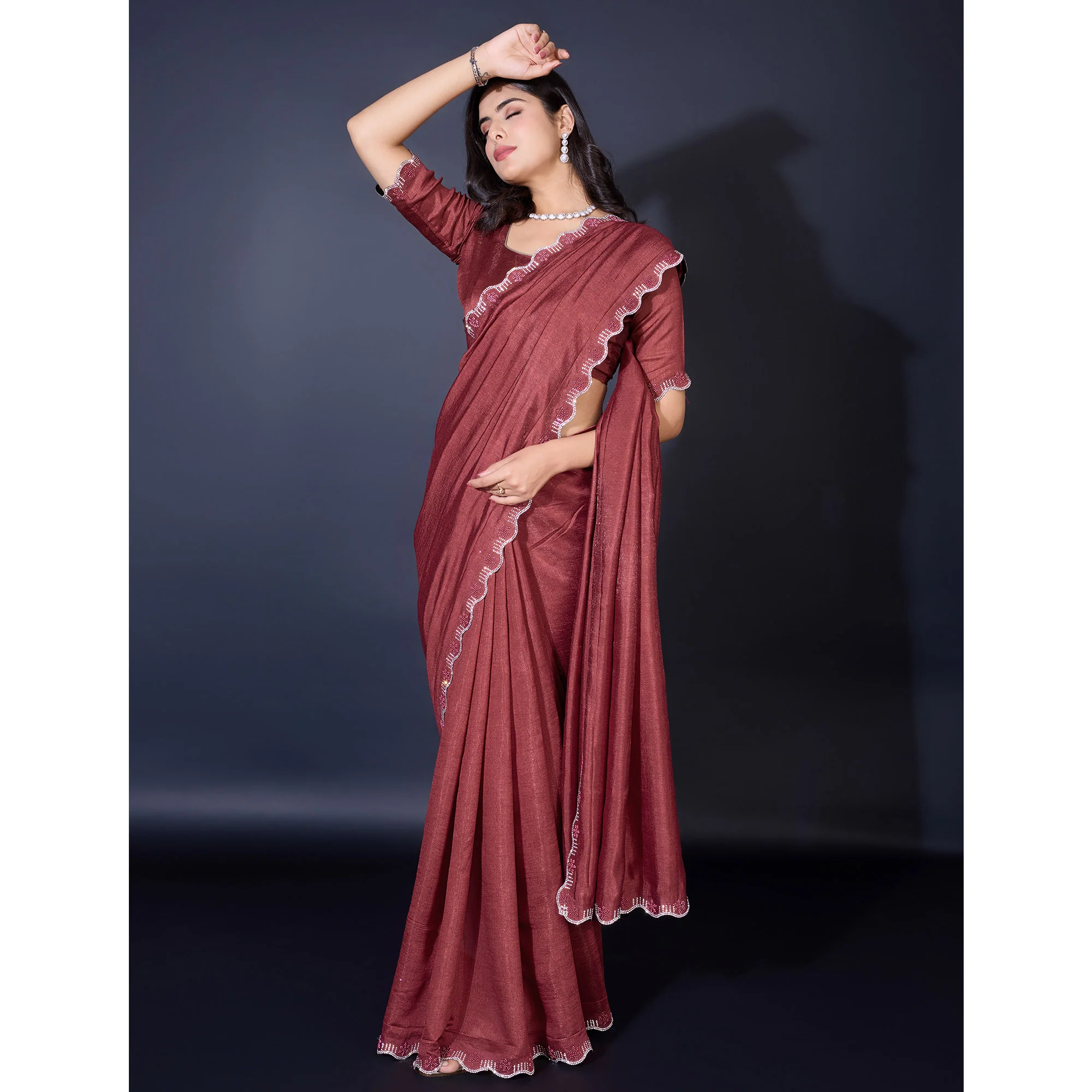 Brown Pearl Work Embroidered Khaadi Saree - Image 6