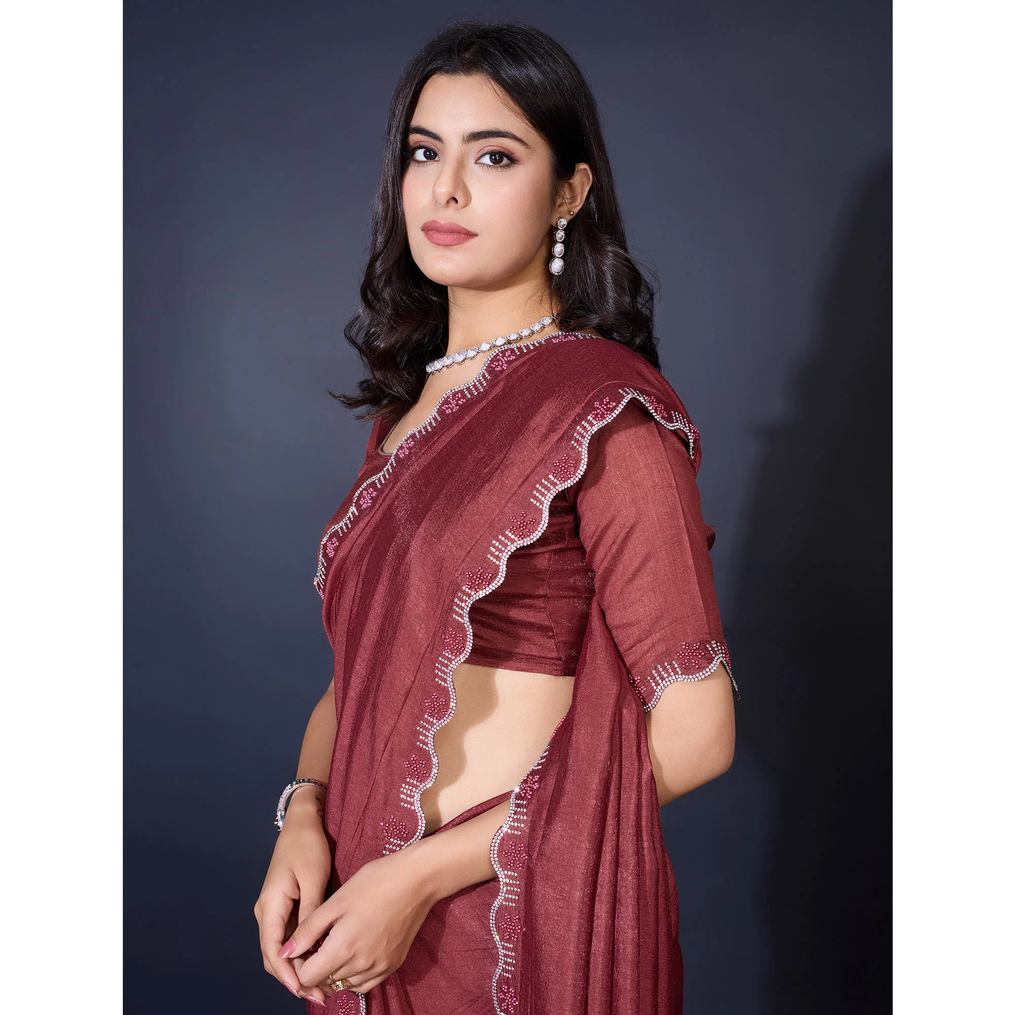 Brown Pearl Work Embroidered Khaadi Saree - Image 8