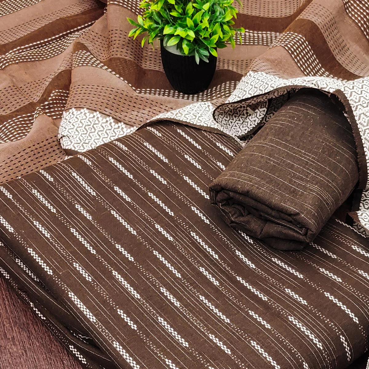 Brown Poly Cotton Blend Dress Material Adorned With Striped Weaving Work - Image 2