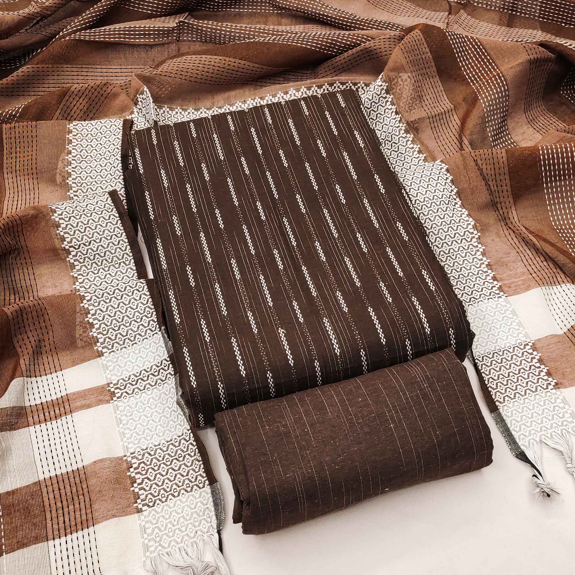 Brown Poly Cotton Blend Dress Material Adorned With Striped Weaving Work - Image 3