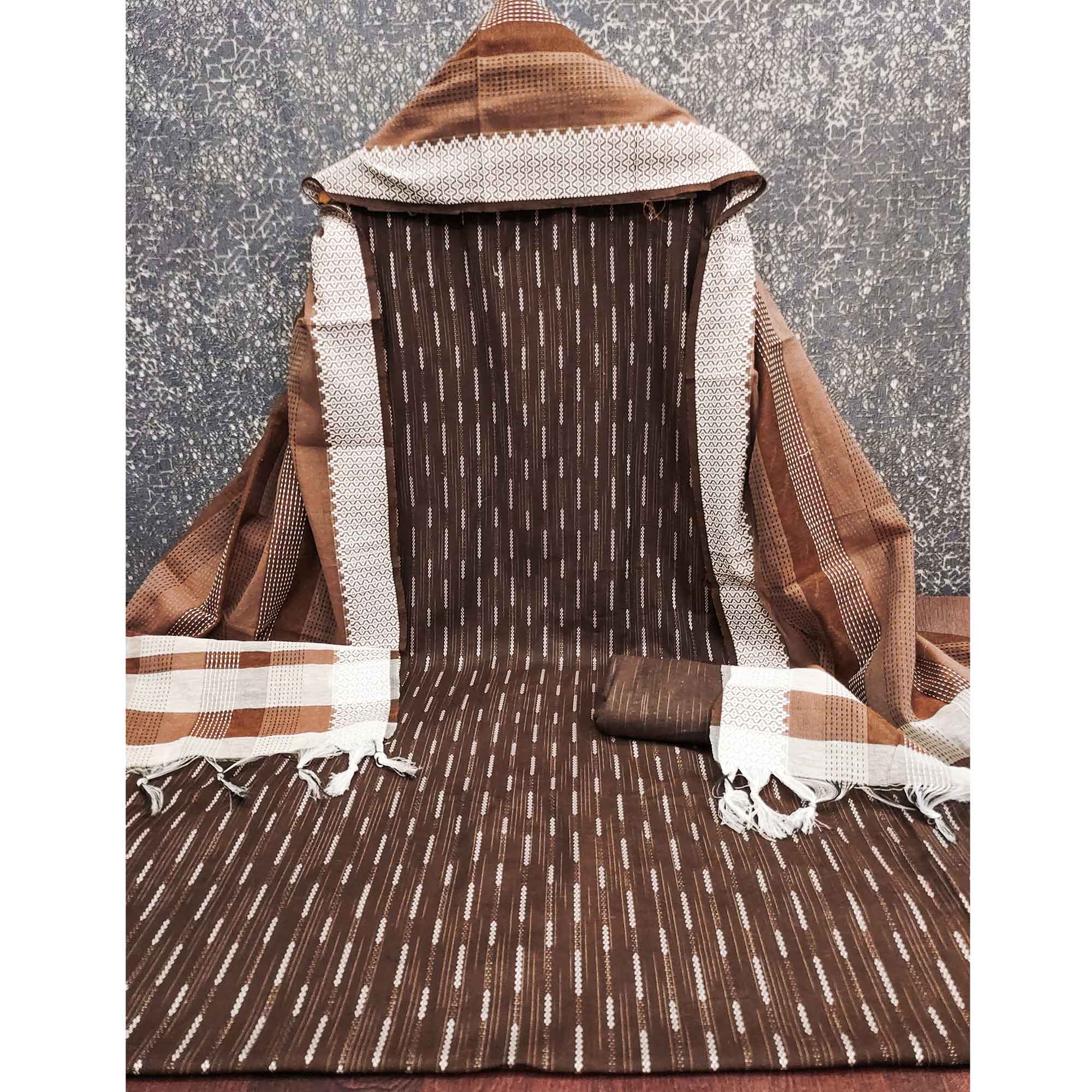 Brown Poly Cotton Blend Dress Material Adorned With Striped Weaving Work - Image 4