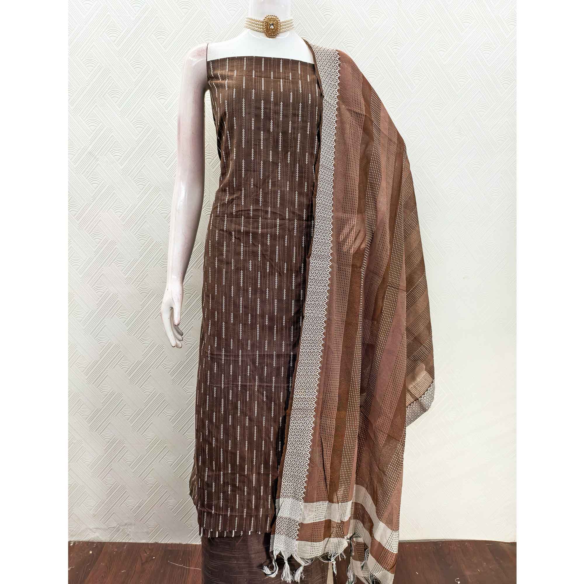 Brown Poly Cotton Blend Dress Material Adorned With Striped Weaving Work - Image 5