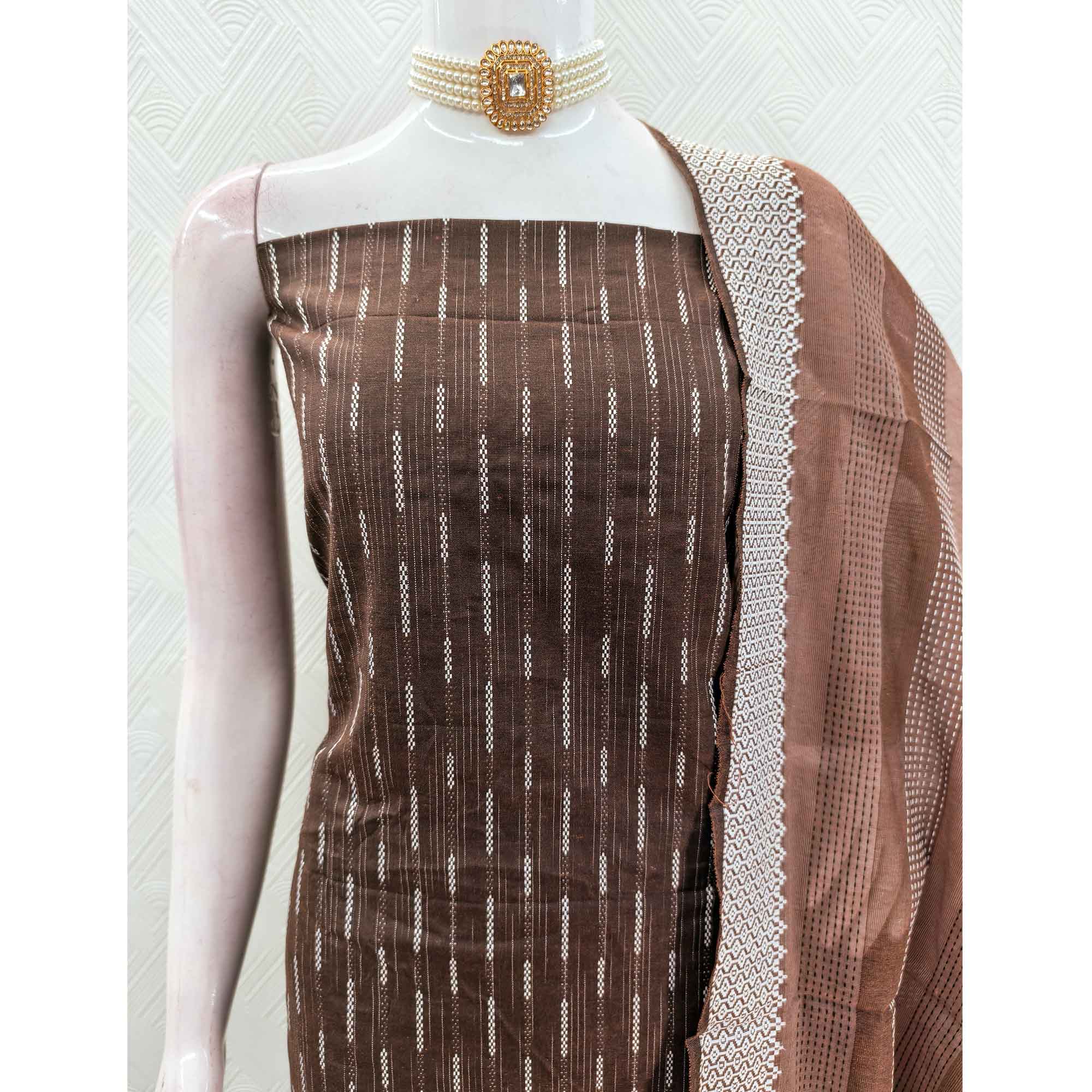 Brown Poly Cotton Blend Dress Material Adorned With Striped Weaving Work - Image 6