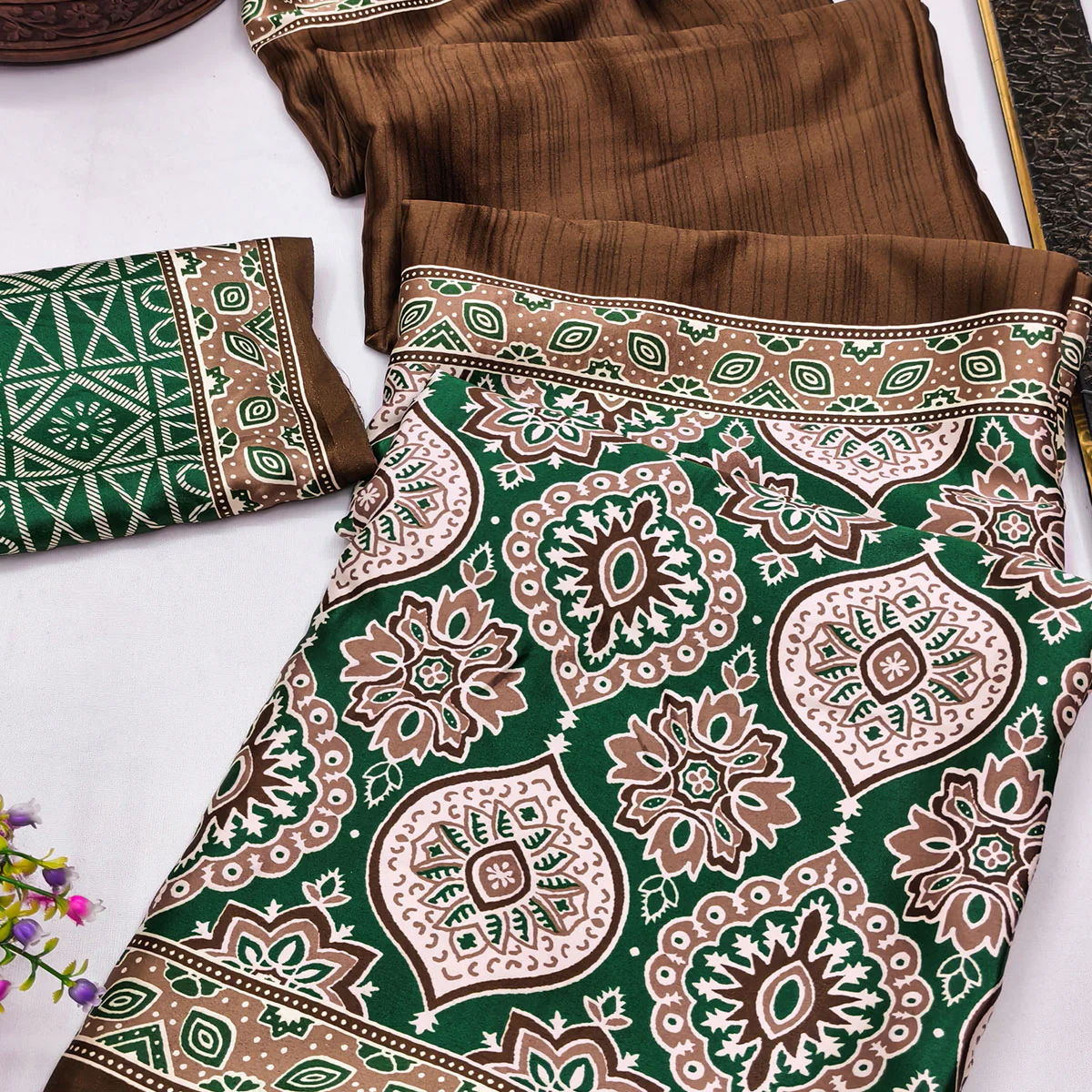 Brown Premium Crepe Silk Lightweight Saree Adorned with Classic Ajrakh Patterns - Image 2