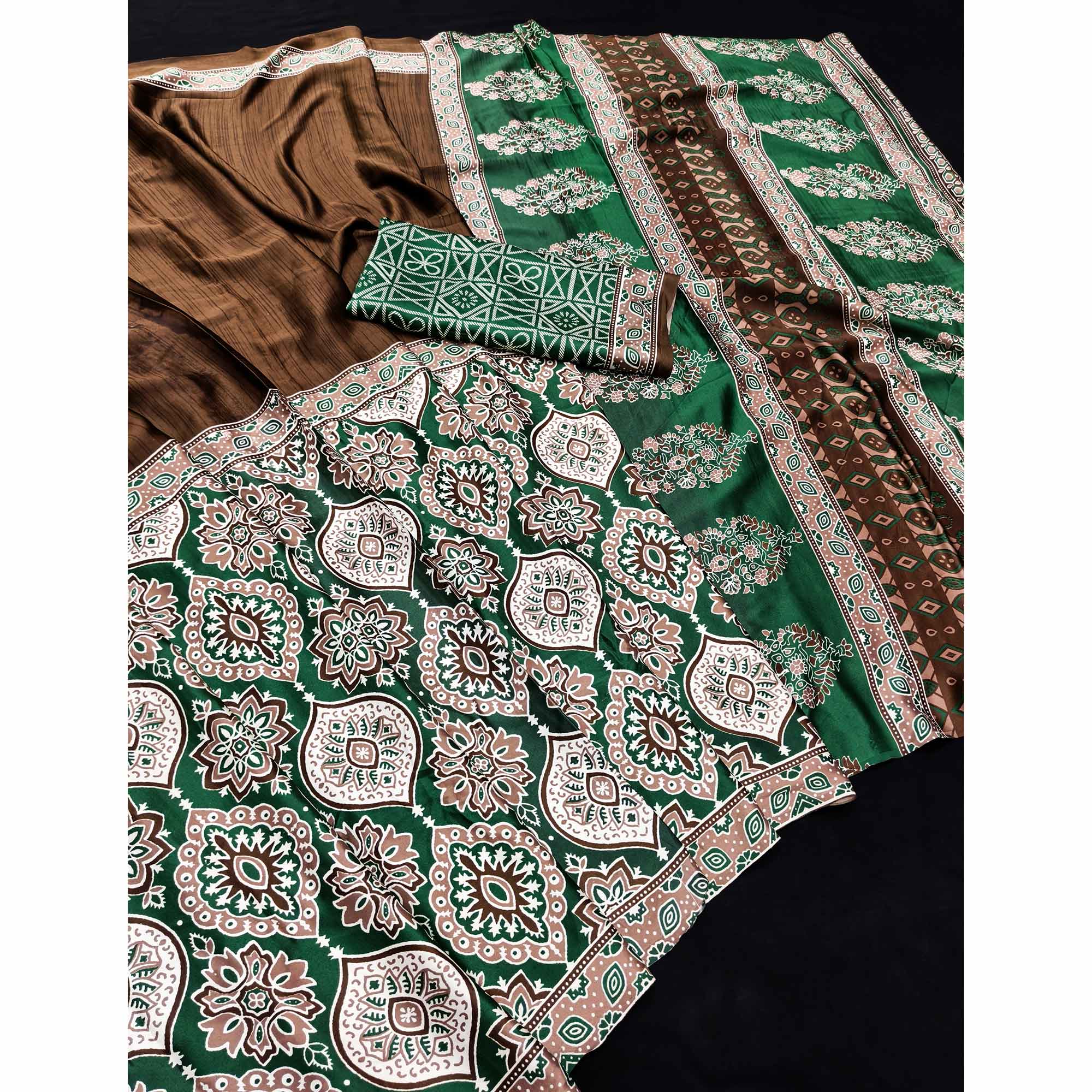 Brown Premium Crepe Silk Lightweight Saree Adorned with Classic Ajrakh Patterns - Image 3