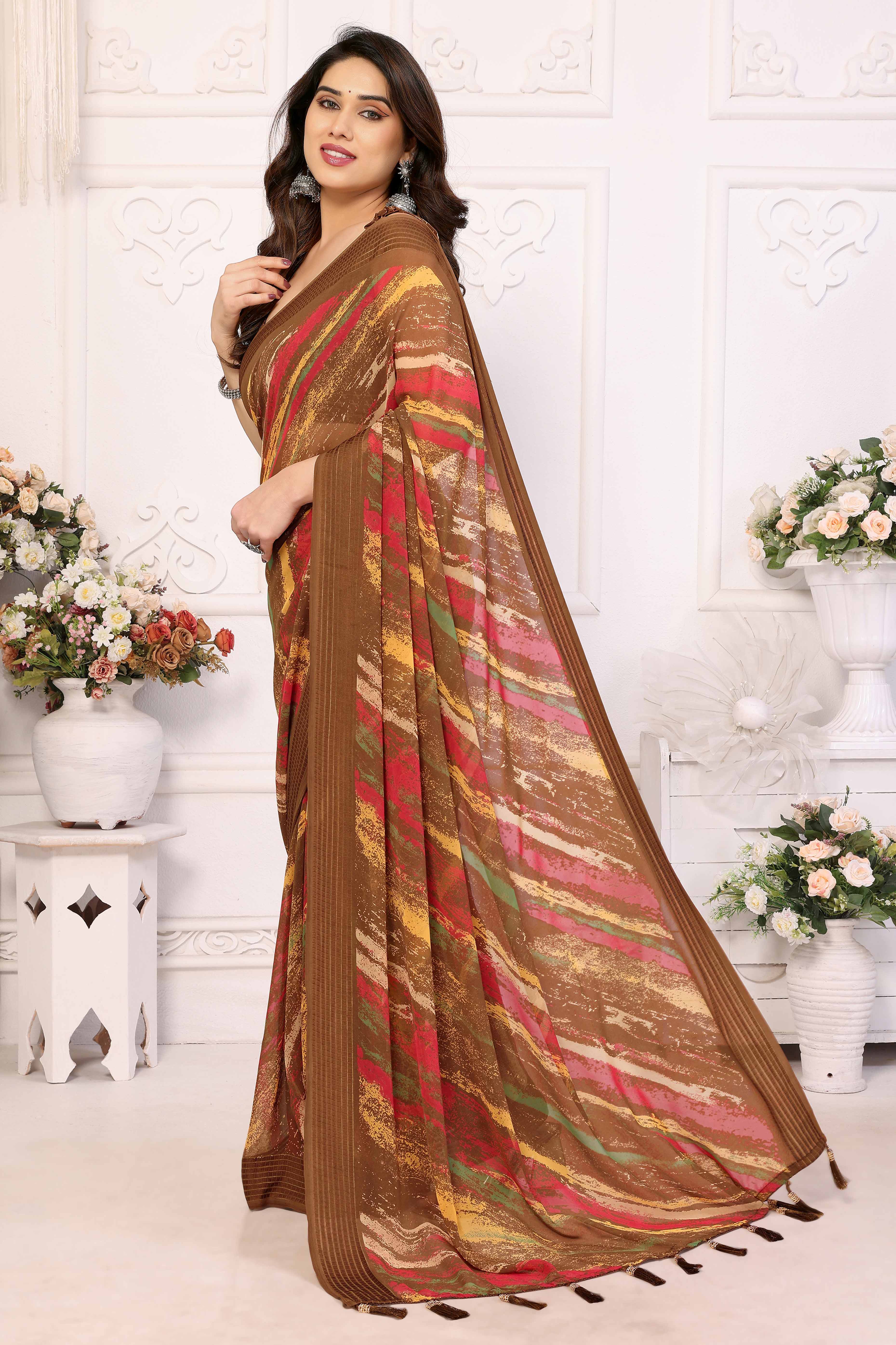 Brown Printed Georgette Saree Saree With Tassels - Image 3