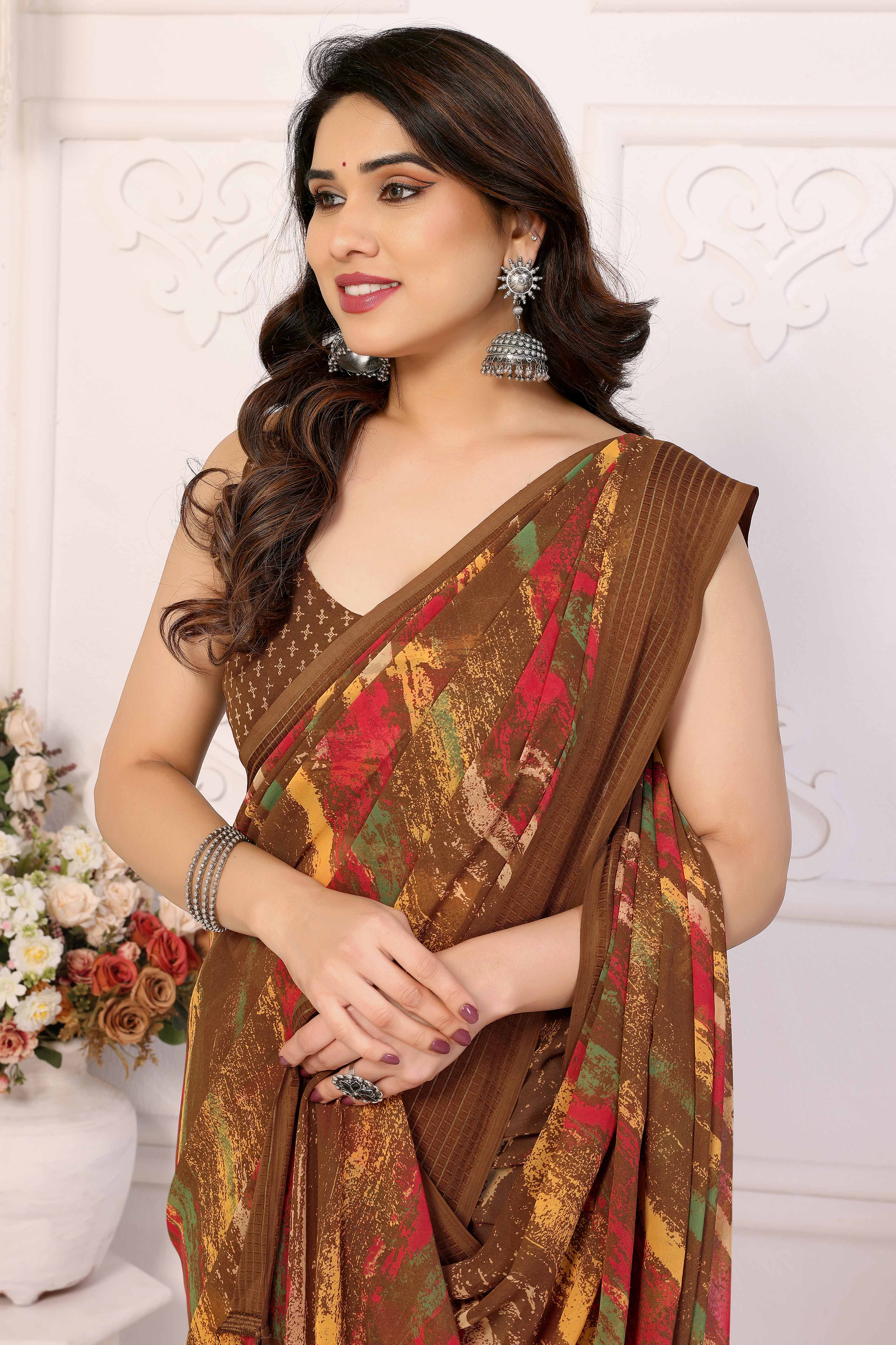Brown Printed Georgette Saree Saree With Tassels - Image 4
