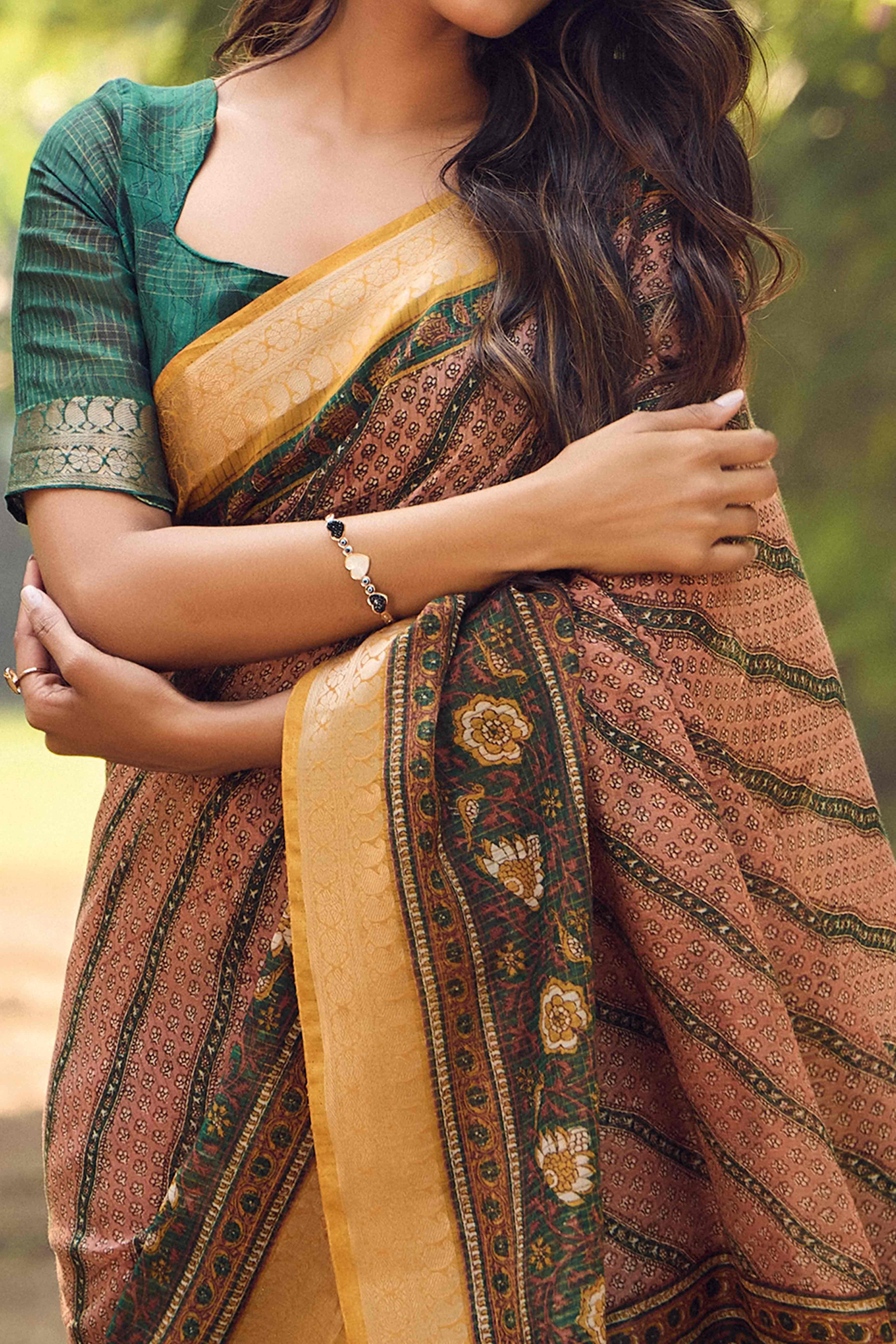 Brown Printed Mulmul Cotton Saree With Jacquard Border - Image 2
