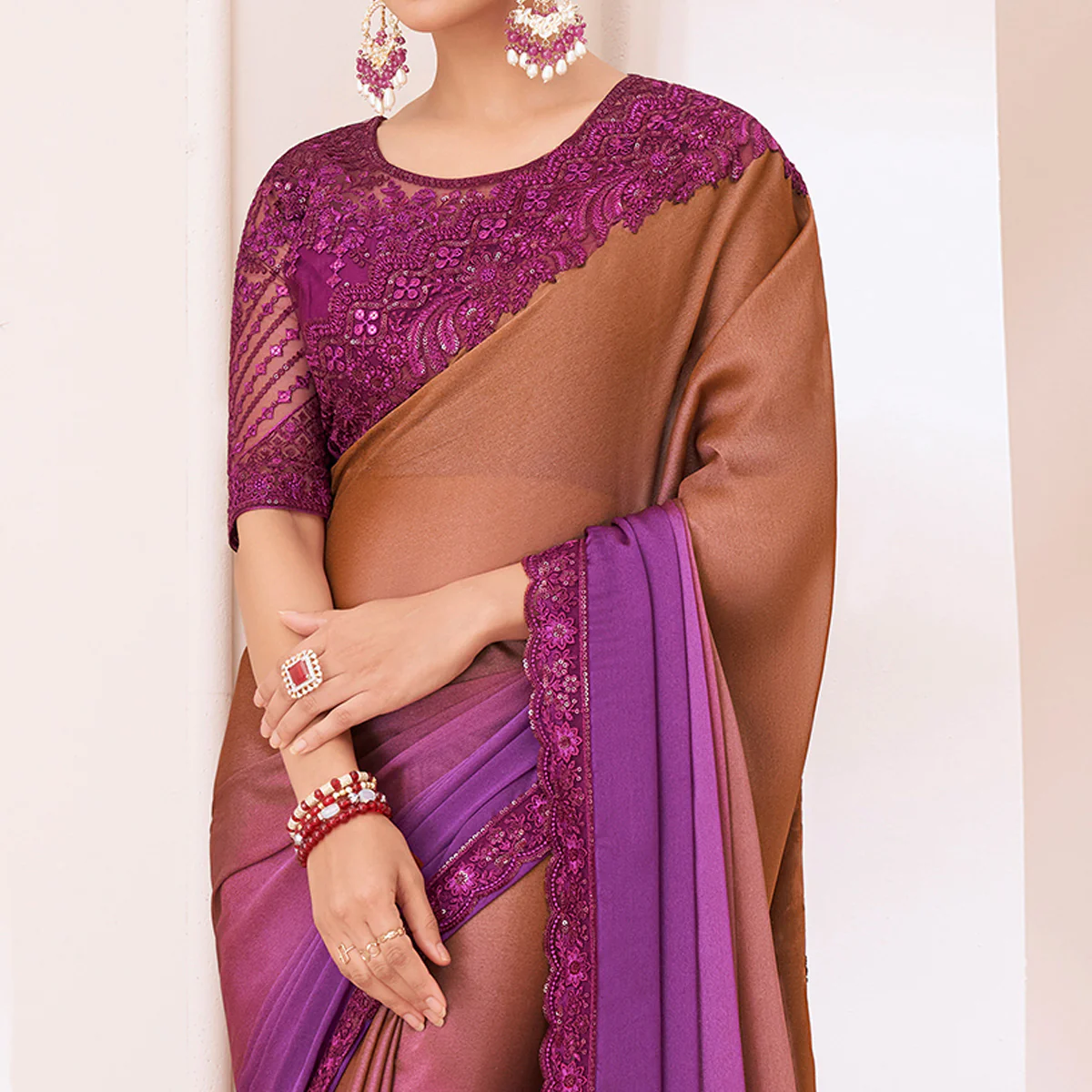 Brown & Purple Embroidered Chiffon Saree - Image 3