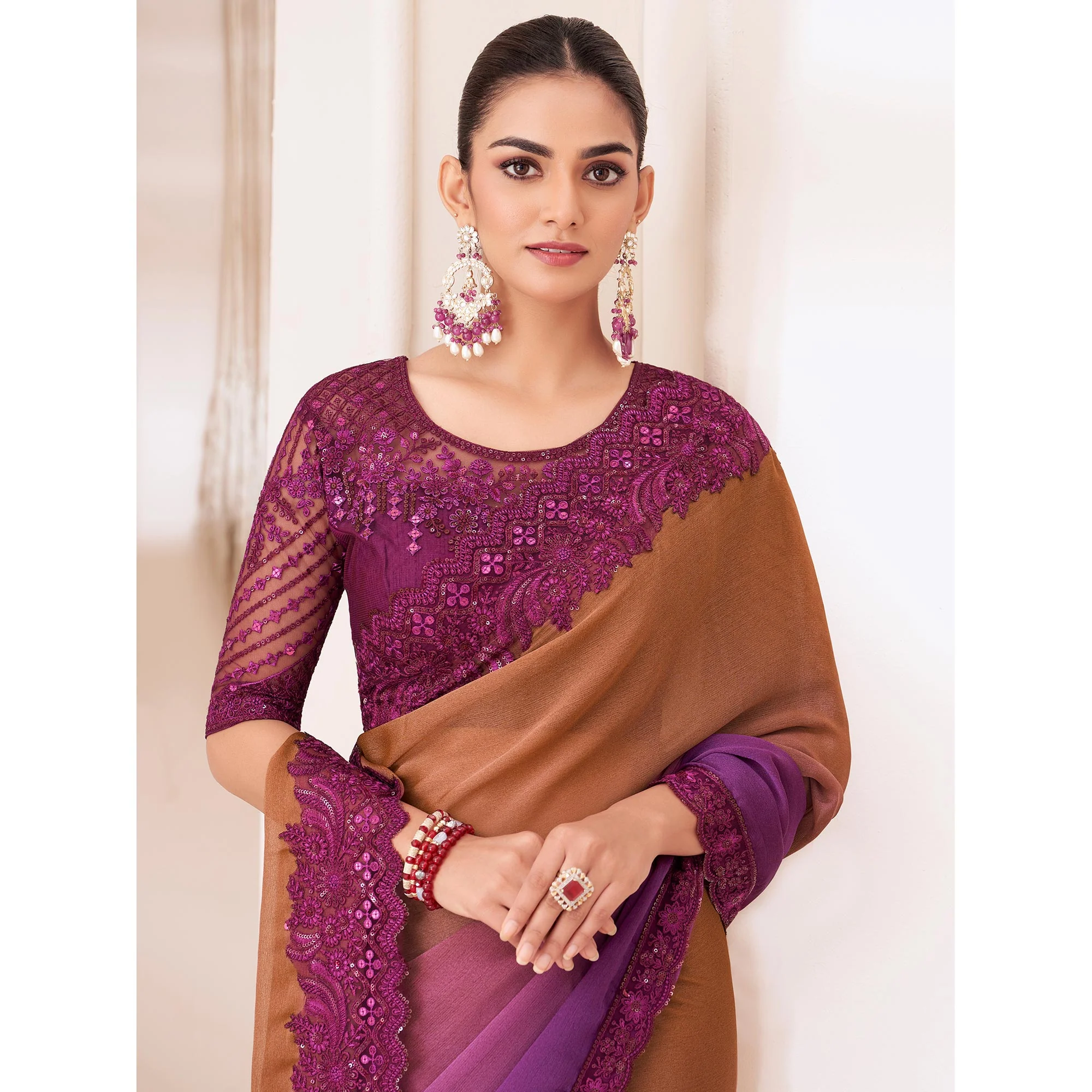 Brown & Purple Embroidered Chiffon Saree - Image 4