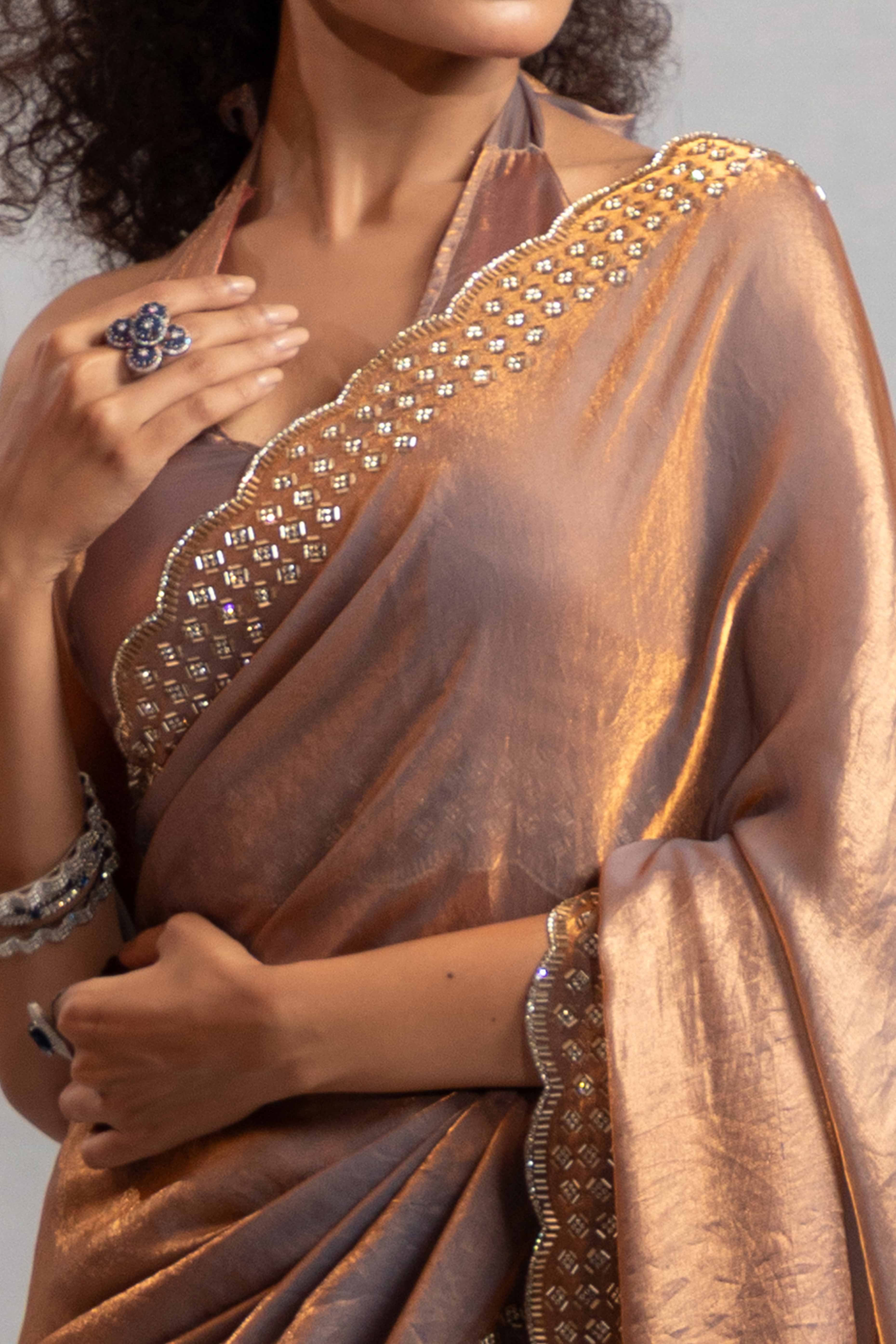Brown Satin Saree with Glamorous Stone Embellishment - Image 2