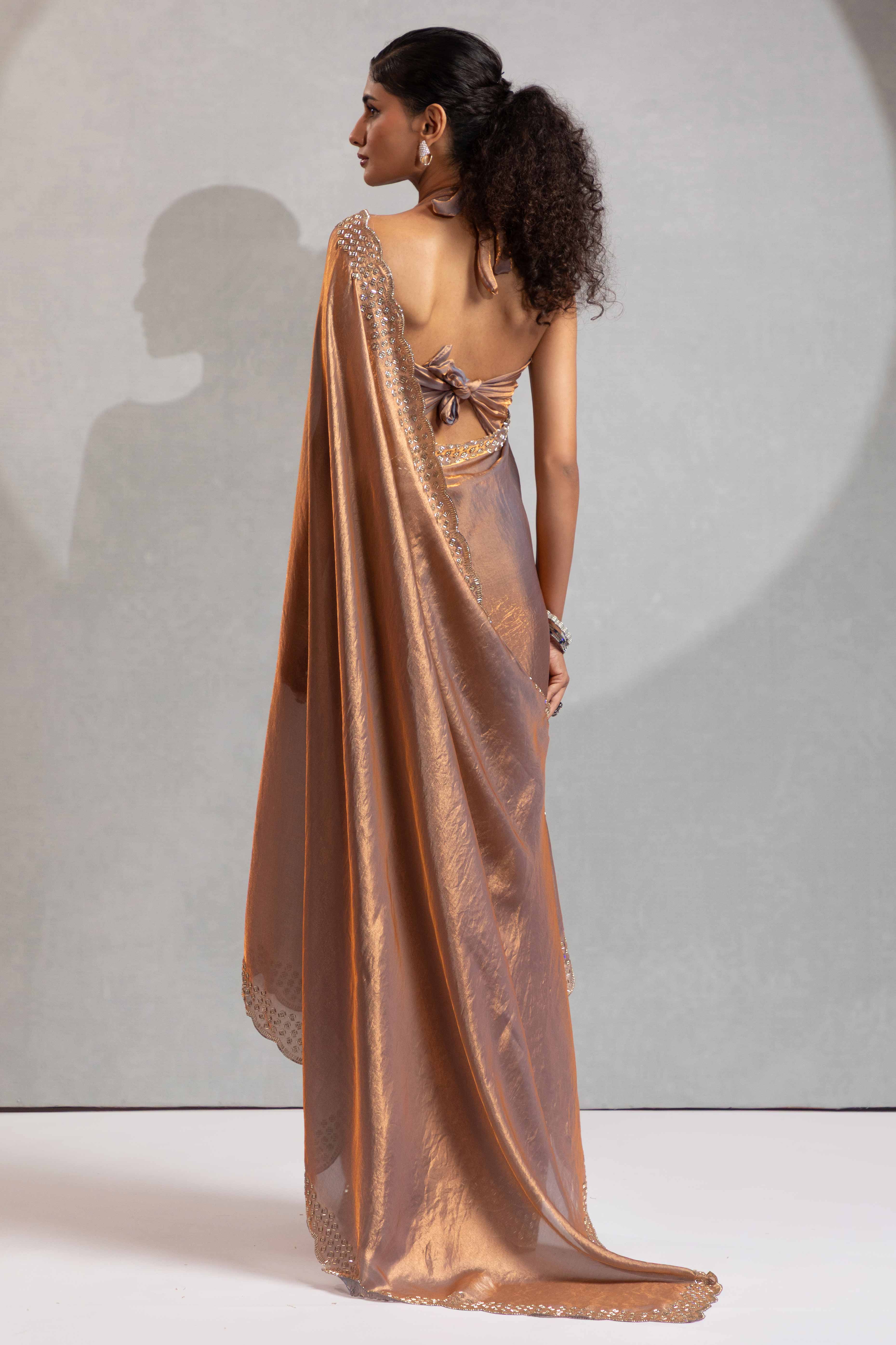 Brown Satin Saree with Glamorous Stone Embellishment - Image 6